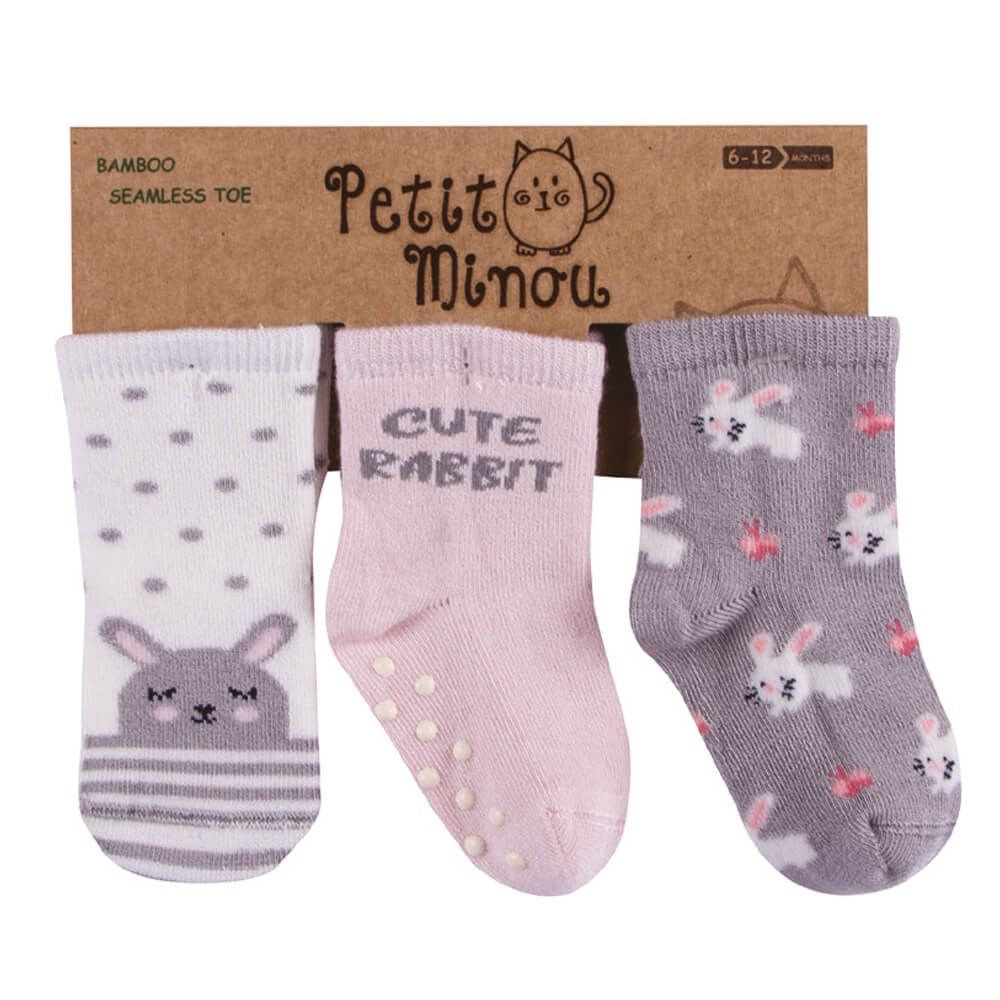 Petit Minou  Cute Rabbit 3'lü Soket Bebek Çorabı 2068 Gri-Pembe