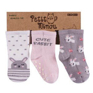 Petit Minou  Cute Rabbit 3'lü Soket Bebek Çorabı 2068 Gri-Pembe