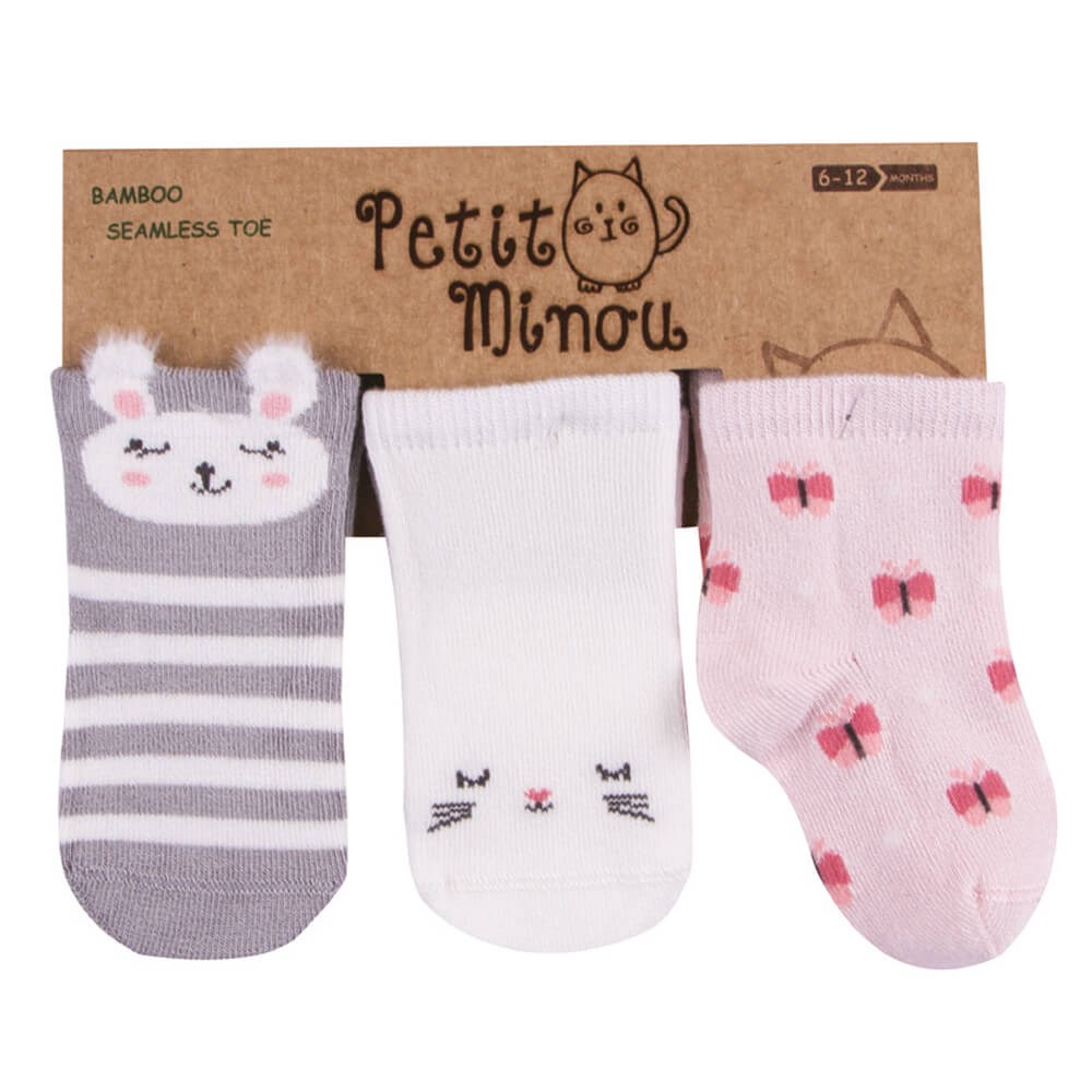 Petit Minou Tavşan 3'lü Soket Bebek Çorabı 2072 Gri-Pembe