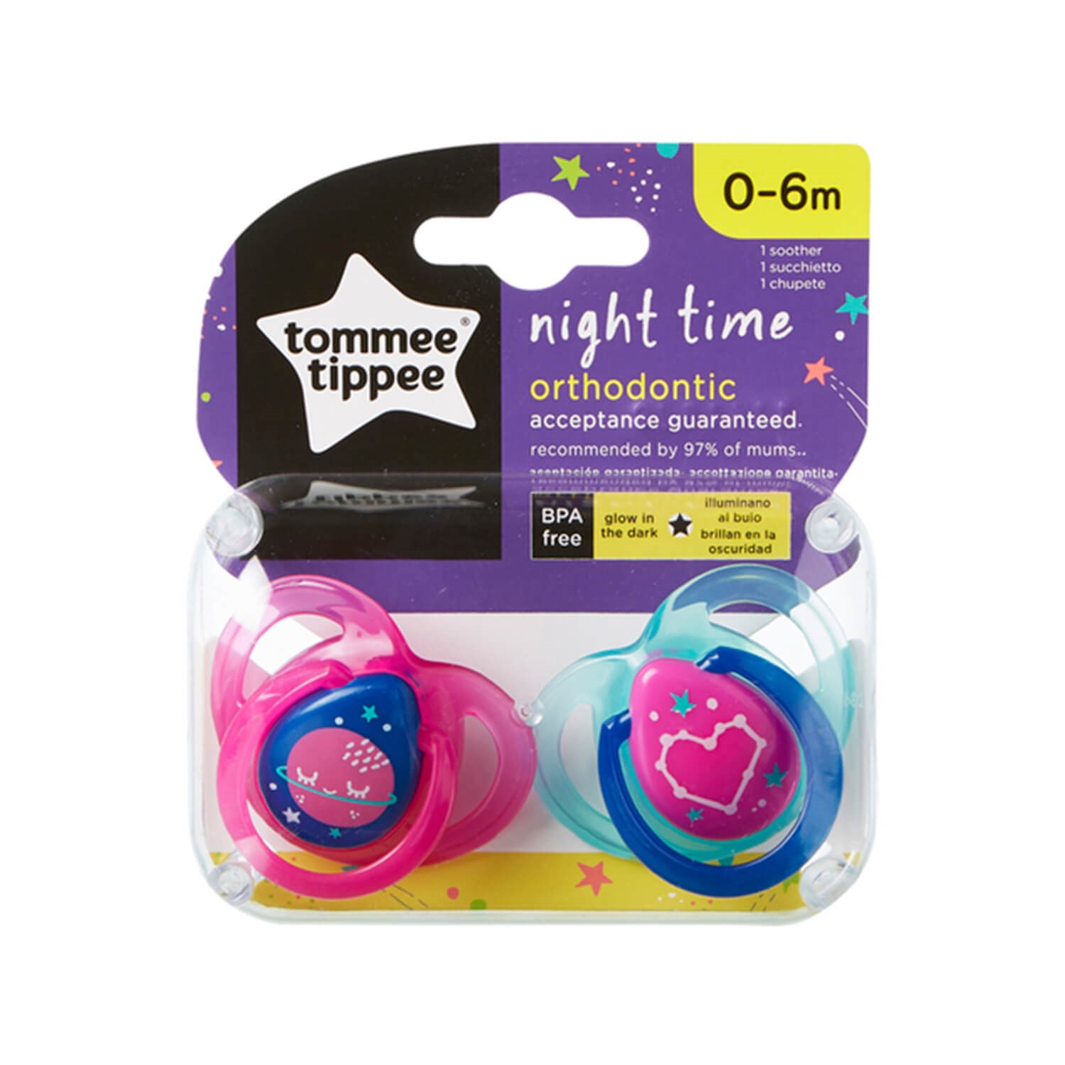 Tommee Tippee Ortodontik Gece Emziği 2'li 0-6 Ay  Pembe-Yeşil