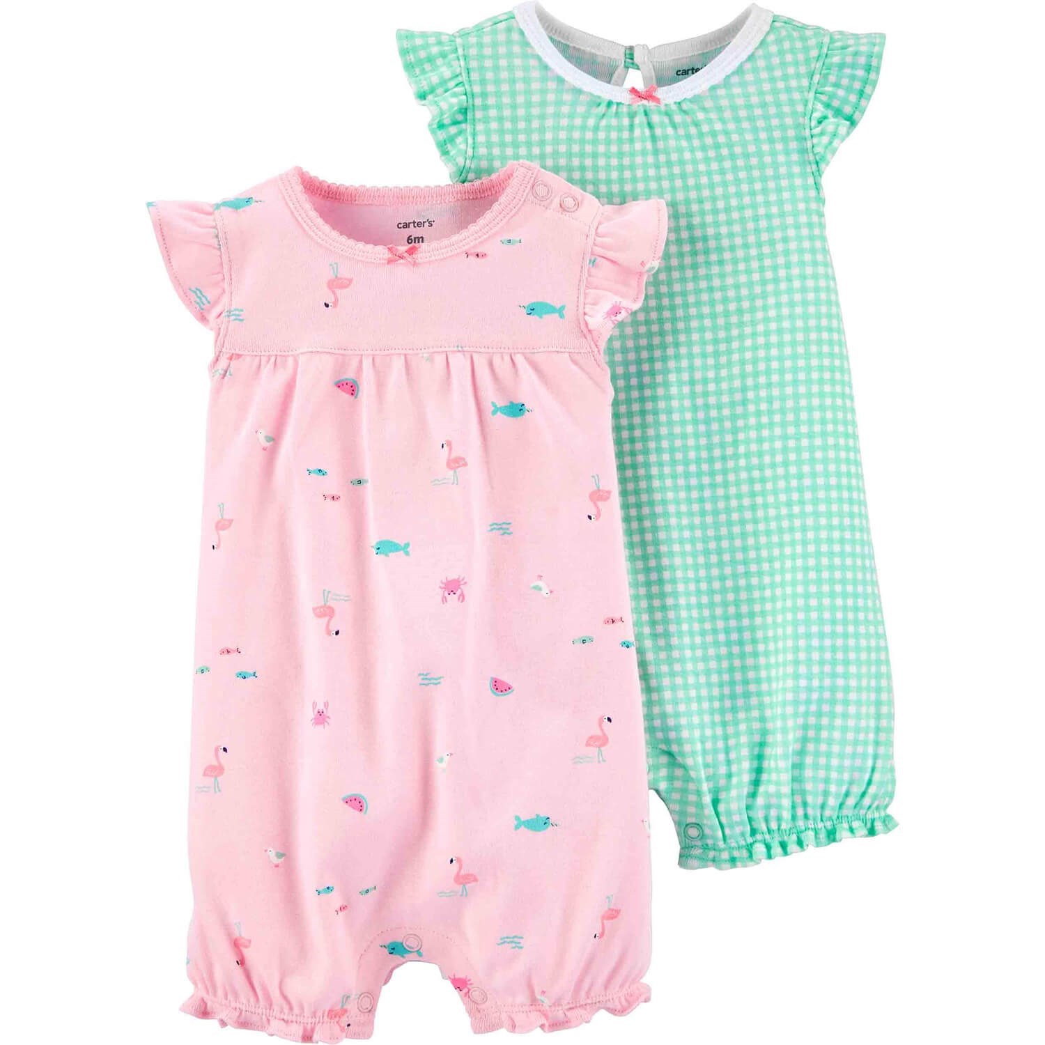 Carter's Kareli ve Flamingolu 2'li Şort Bebek Tulumu Pembe-Yeşil