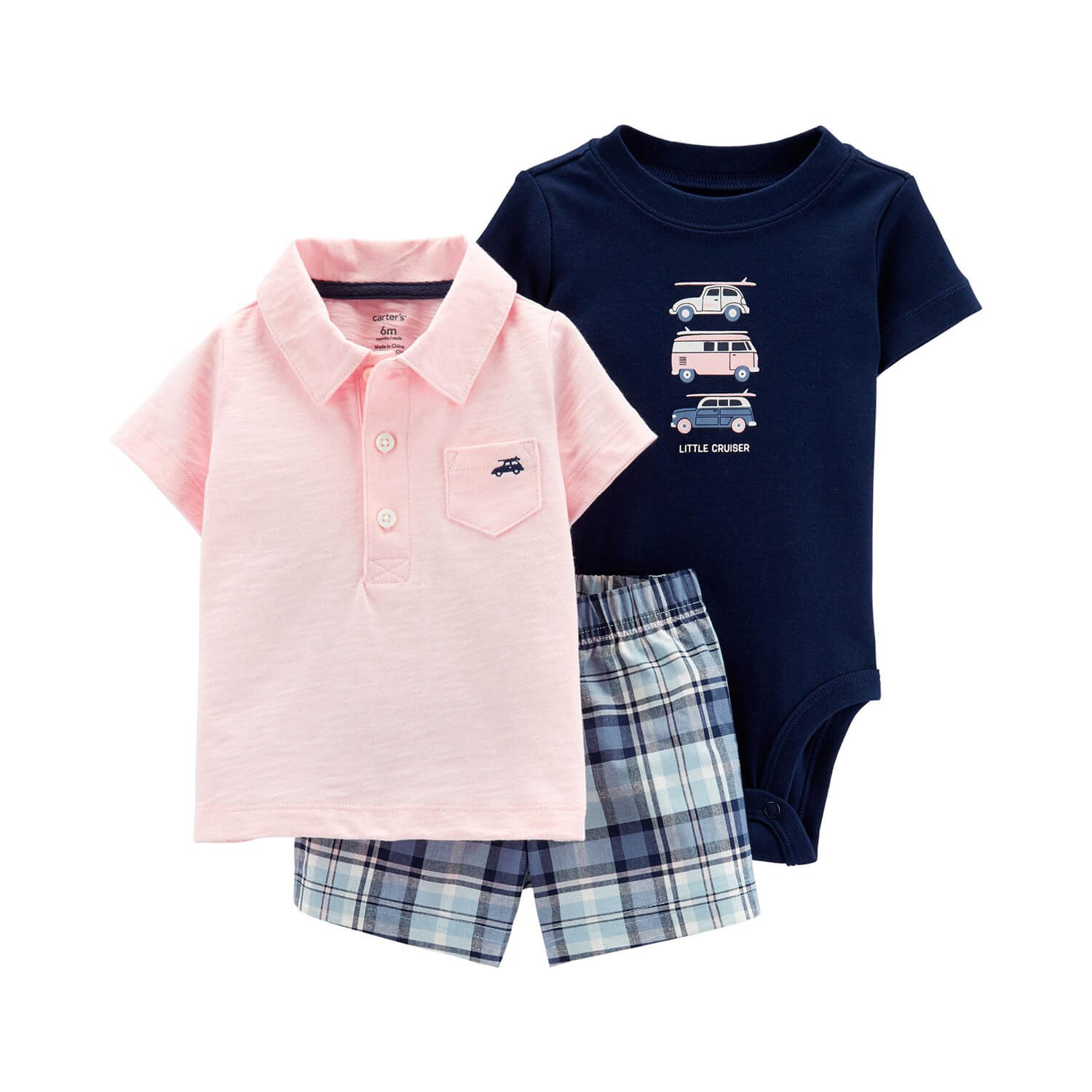 Carter's Araba Desenli 3'lü Şortlu Bebek Takımı Lacivert-Pembe