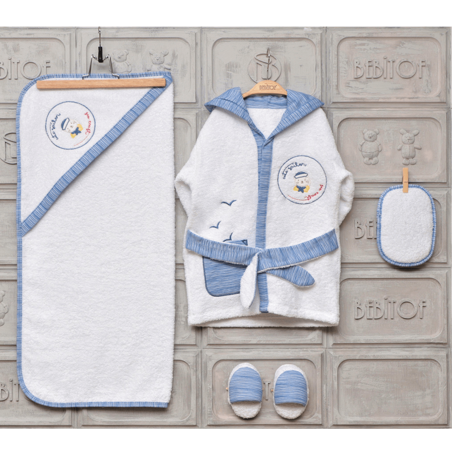 Bebitof Denizci Bebek Bornoz Seti 30019 Beyaz-Mavi