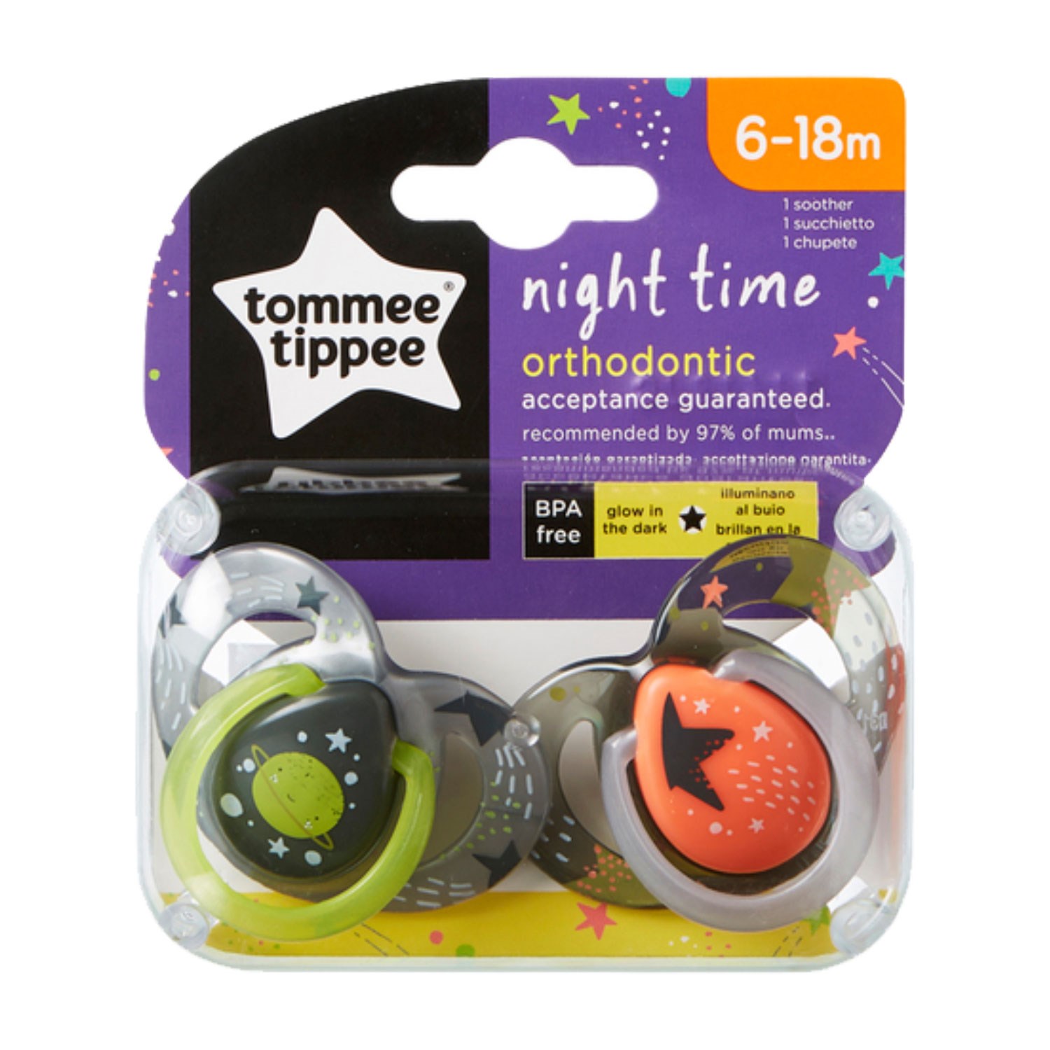 Tommee Tippee Ortodontik Gece Emziği 2'li 6-18 Ay  Gri-Siyah