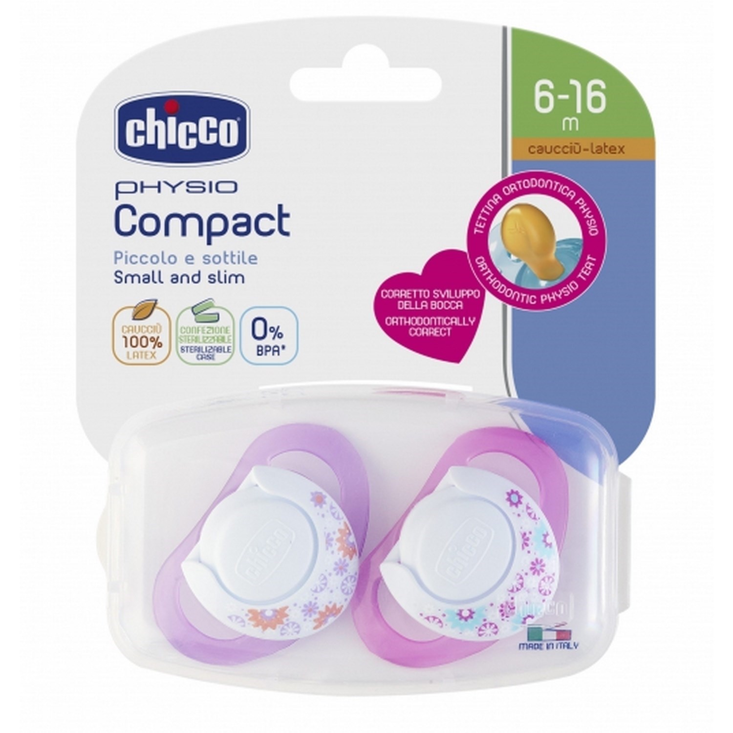 Chicco Physio Compact Kauçuk Emzik 2'li 6-16 Ay Pembe