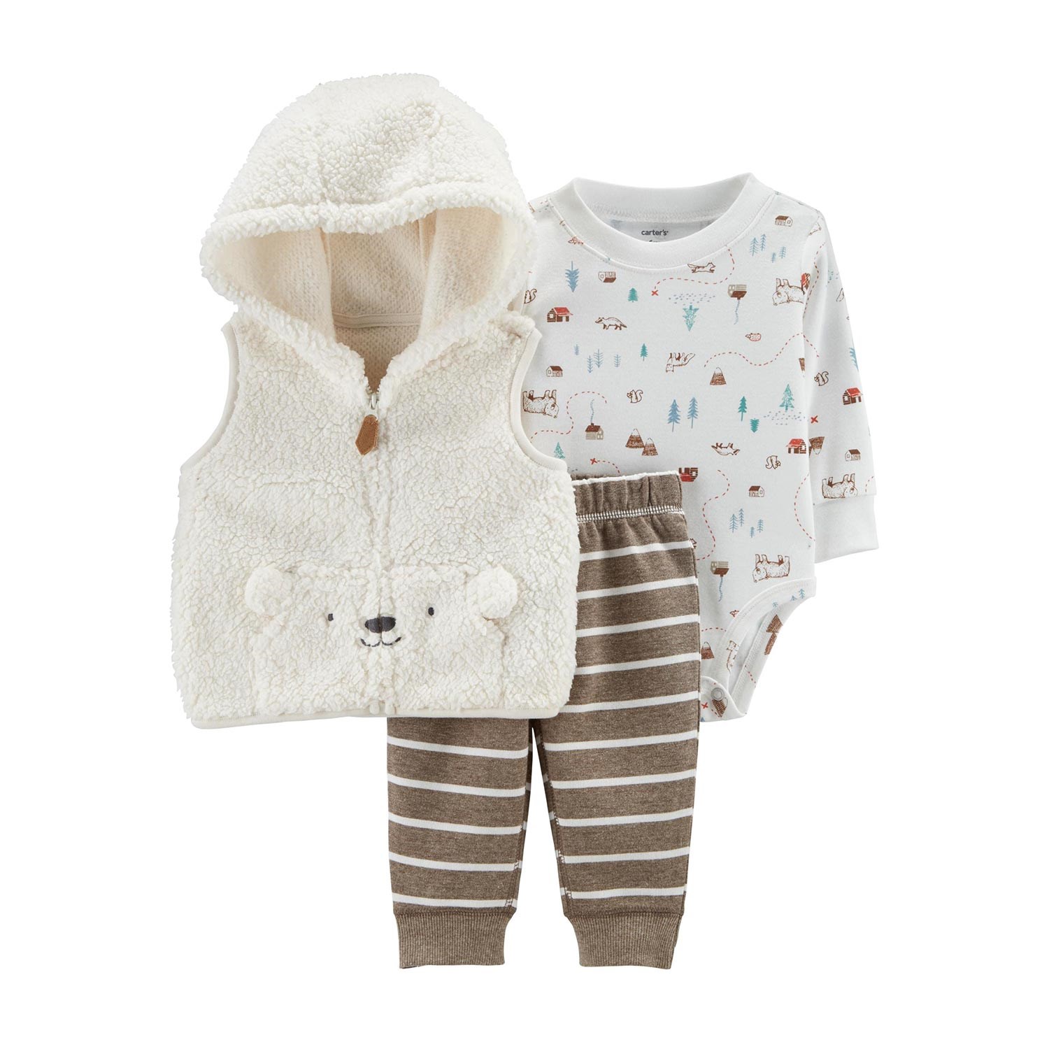 Carter's Sherpa Desenli 3'lü Bebek Takımı Ekru-Kahverengi