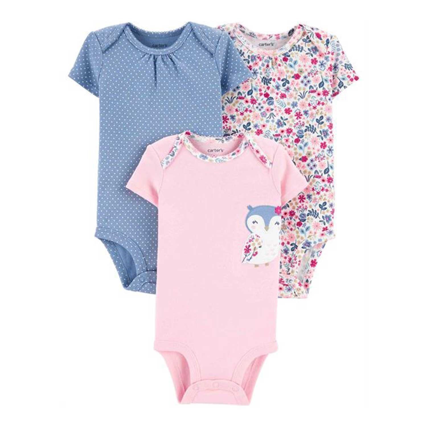 Carter's Çiçek Desenli 3'lü Bebek Body 1J596110 Pembe-Mavi