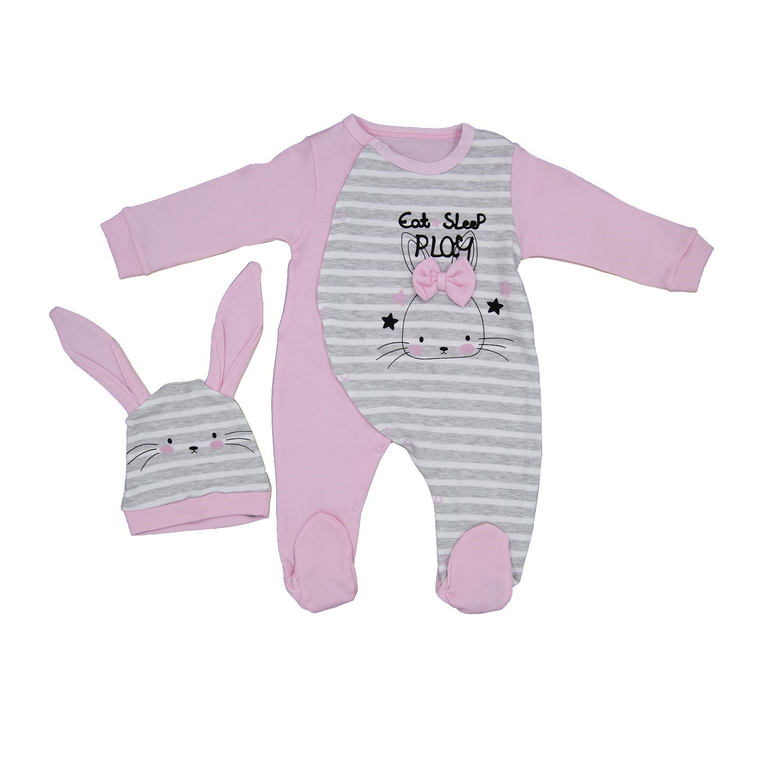 Sebi Bebe Tavşanlı Çizgili Bebek Tulumu 7002 Pembe