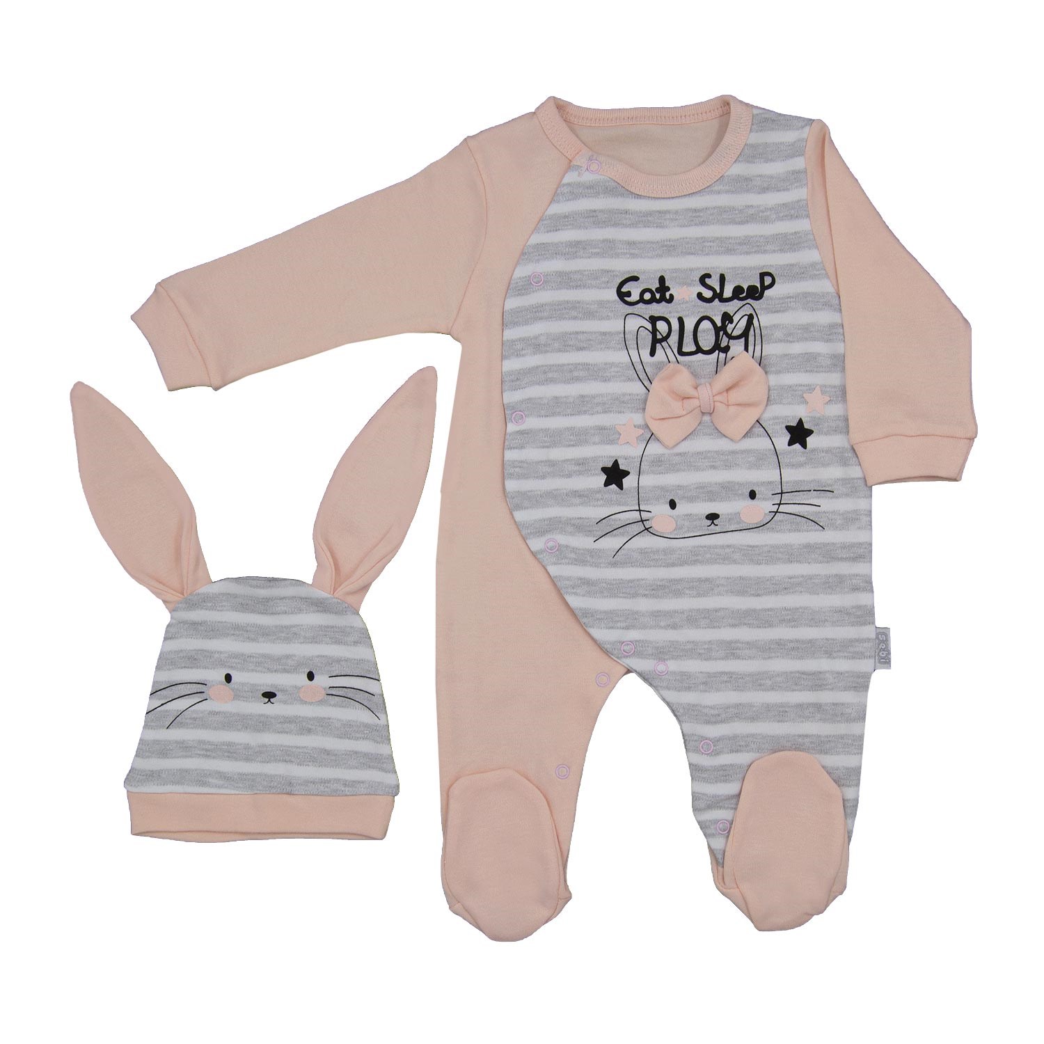 Sebi Bebe Tavşanlı Çizgili Bebek Tulumu 7002 Somon