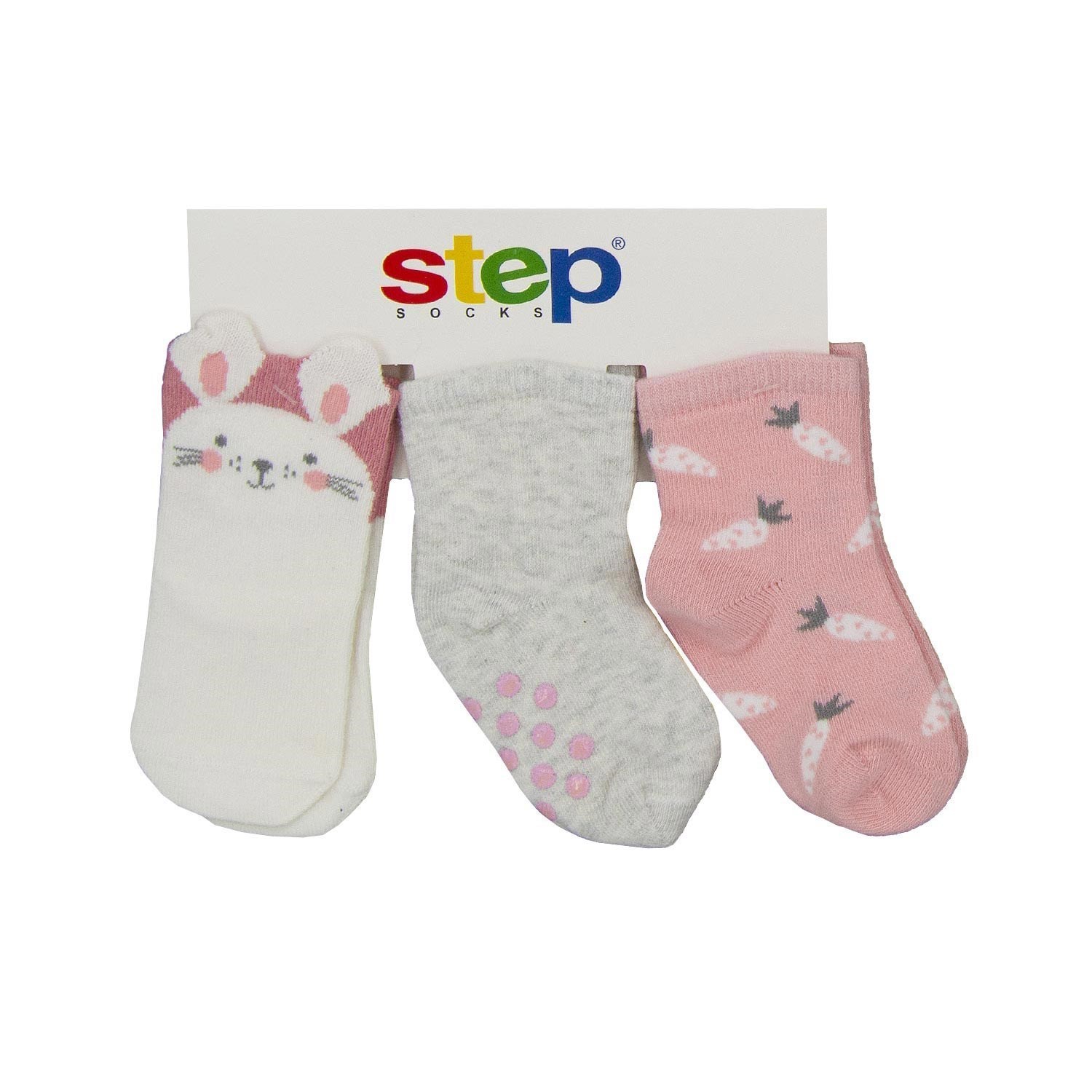 Step Rabbit 3'lü Soket Bebek Çorabı 1987 Gri-Pembe