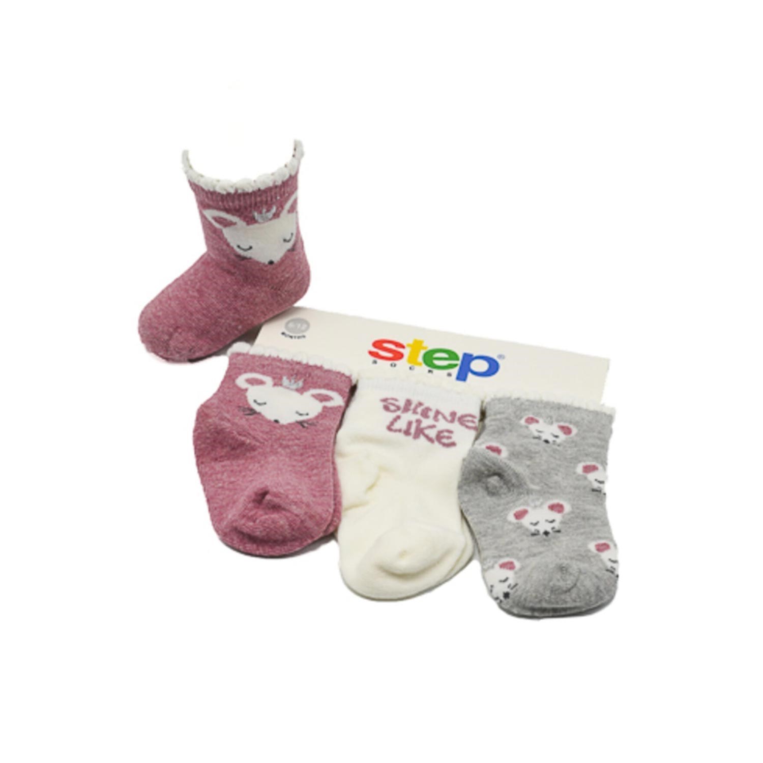 Step Taçlı Mouse 3'lü Soket Bebek Çorabı 10033 Gül Kurusu