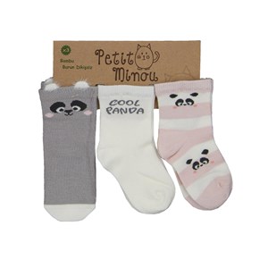 Petit Minou Cool Panda 3'lü Soket Bebek Çorabı 2064 Ekru-Pembe