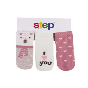 Step Atkılı Ayıcık 3'lü Soket Bebek Çorabı Pembe