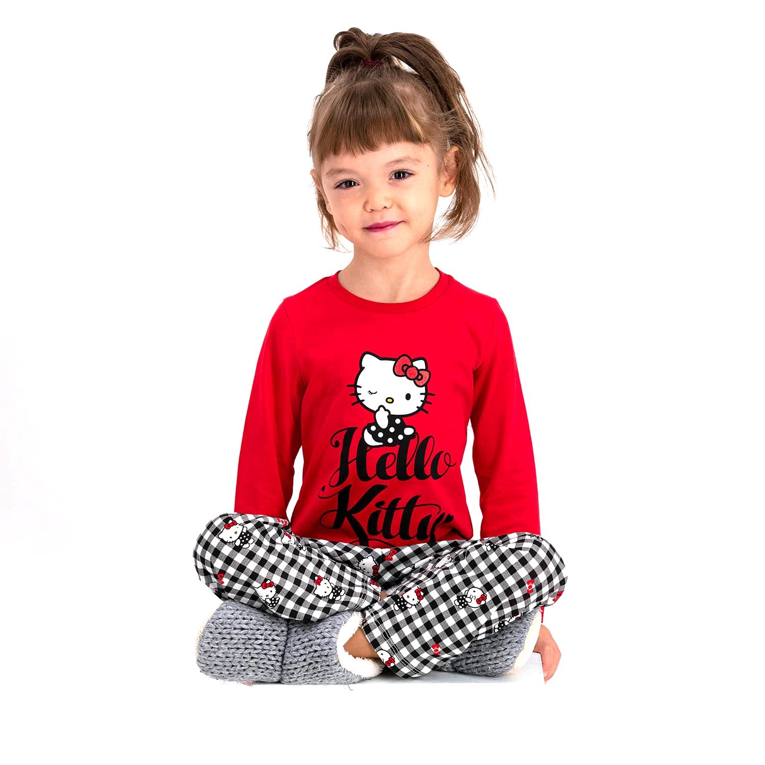 Hello Kitty Uzun Kollu Çocuk Pijama Takımı Kırmızı