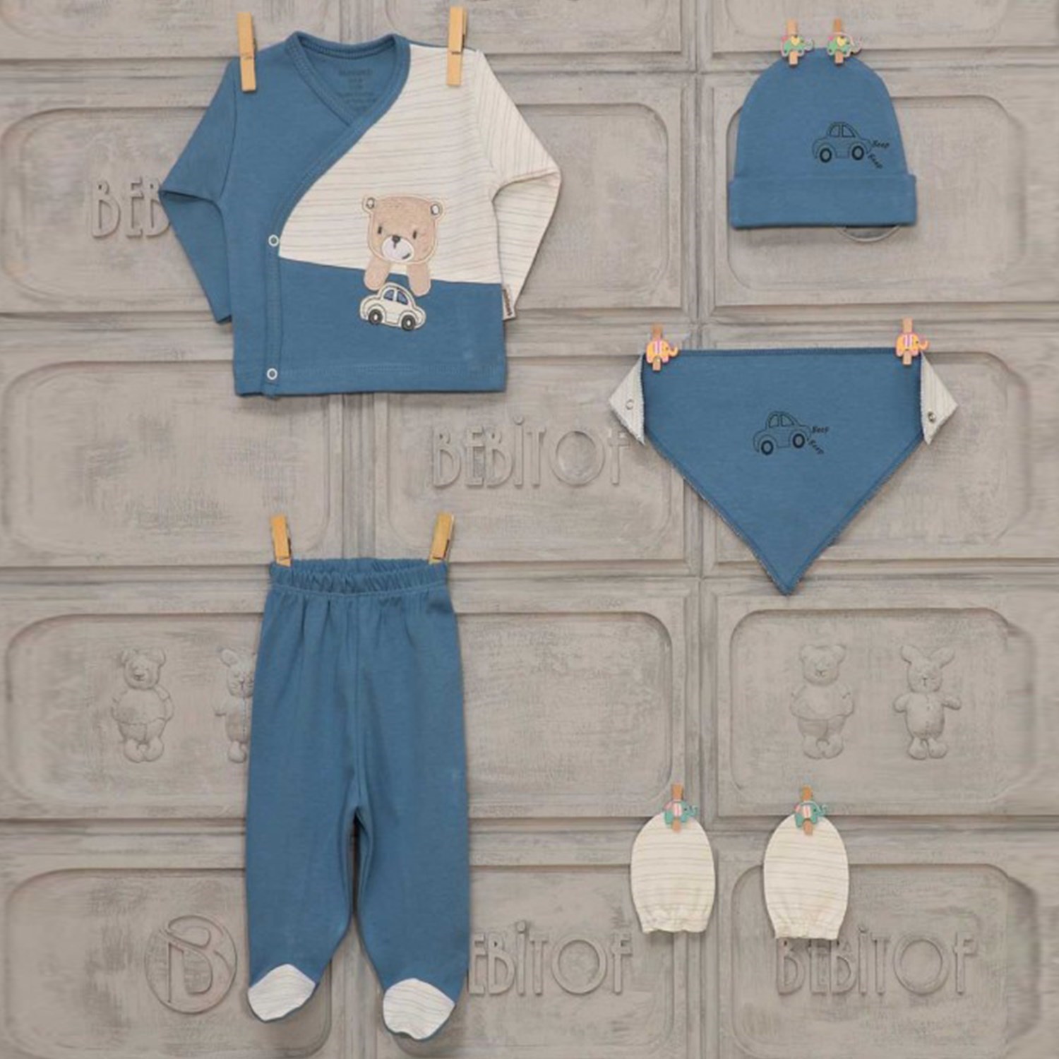 Minilamb Arabalı Ayıcıklı 5'li Bebek Zıbın Seti 27013 İndigo