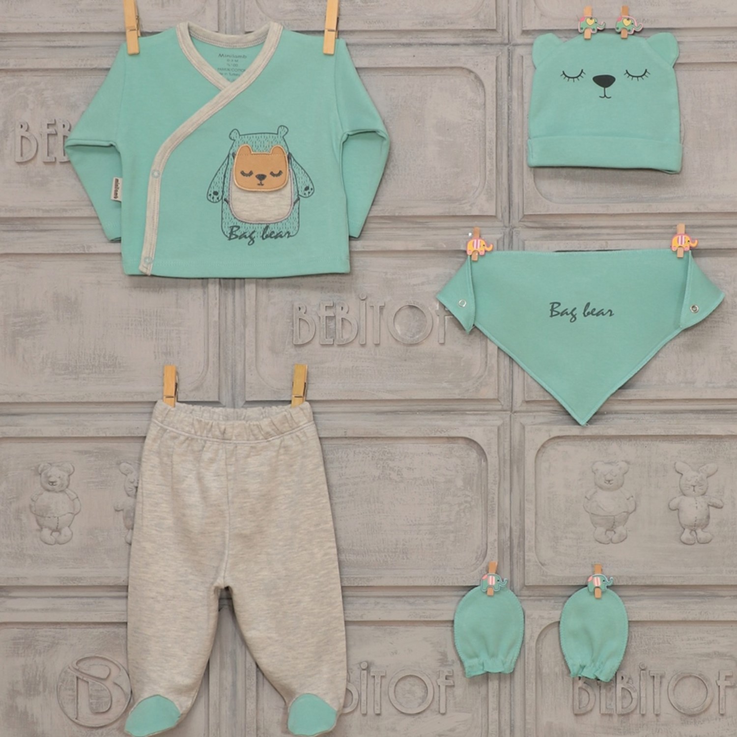 Bebitof Çantalı Ayıcık 5'li Bebek Hastane Çıkışı Seti 27024 Mint