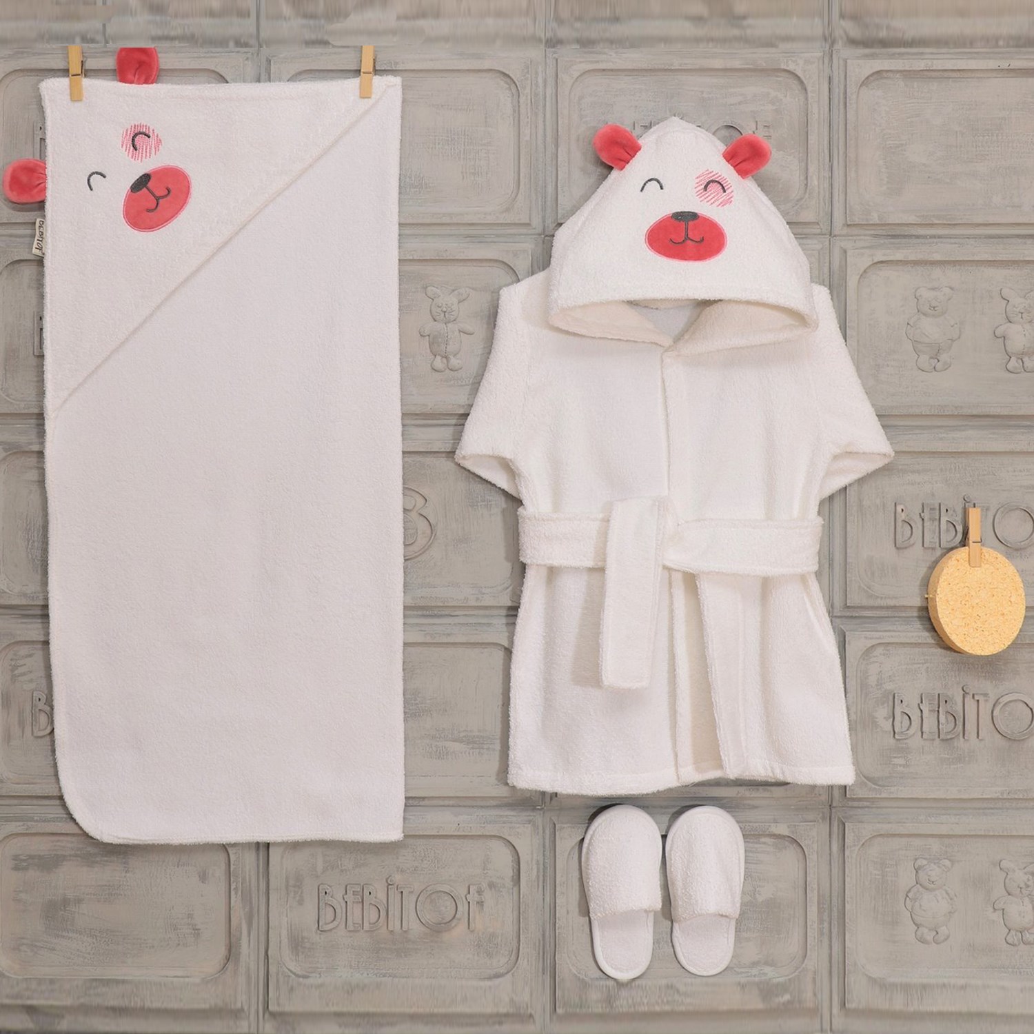 Bebitof Ayıcık Desenli Bebek Bornoz Seti 30025 Pembe