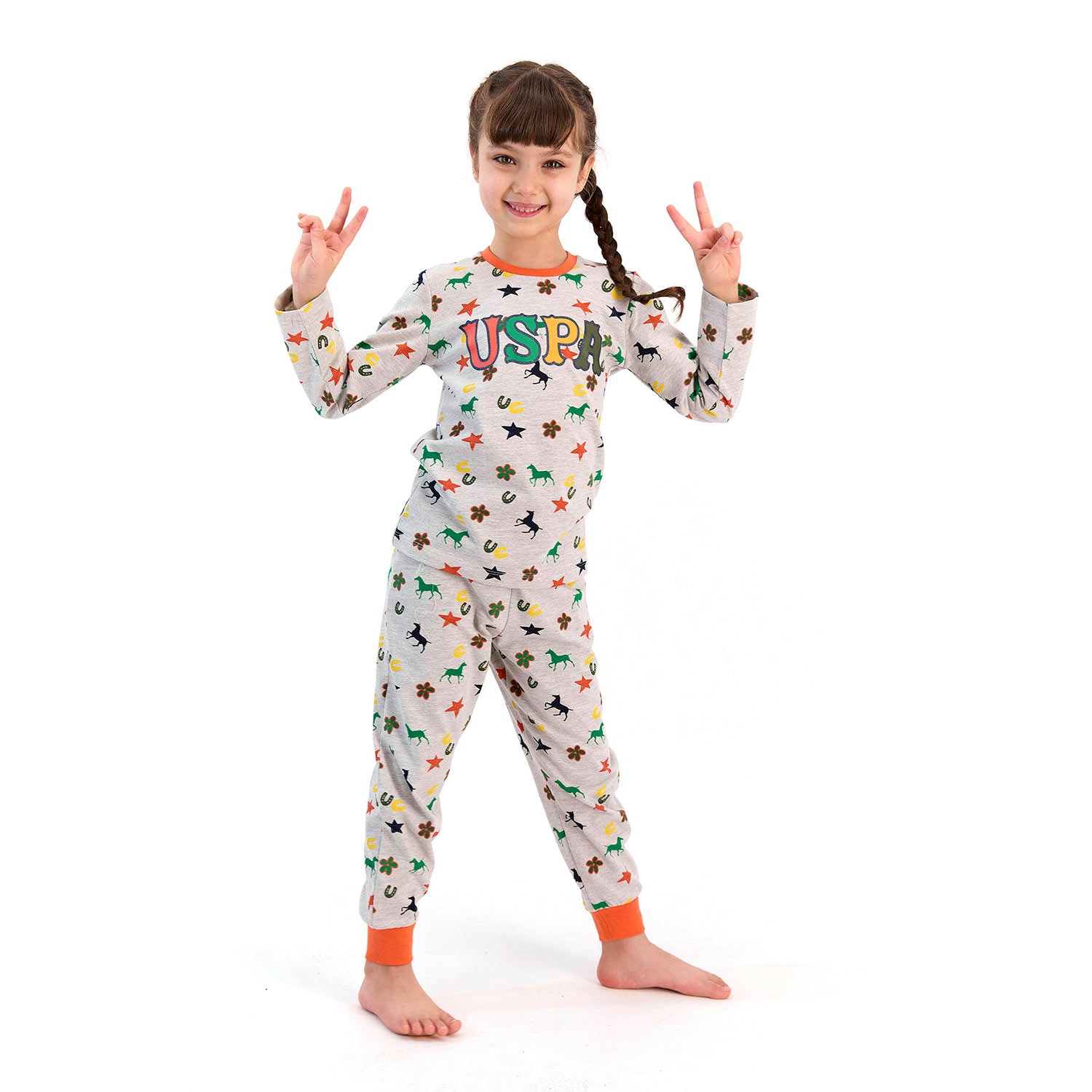 U.S. Polo Assn Kız Çocuk Pijama Takımı US950-4 Bej Melanj