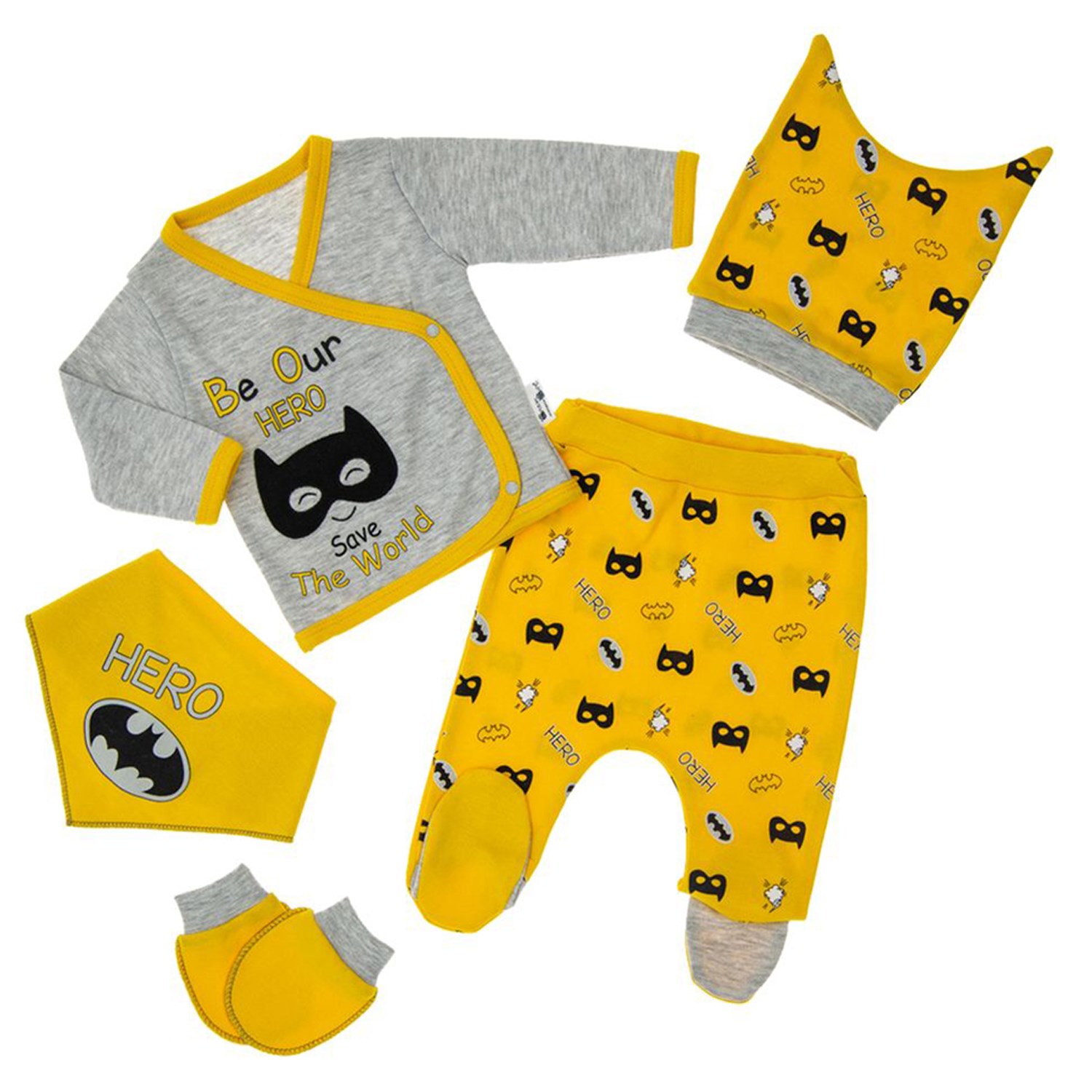 Little Gift Batman Baskılı 5'li Bebek Zıbın Takımı 220 Gri-Sarı