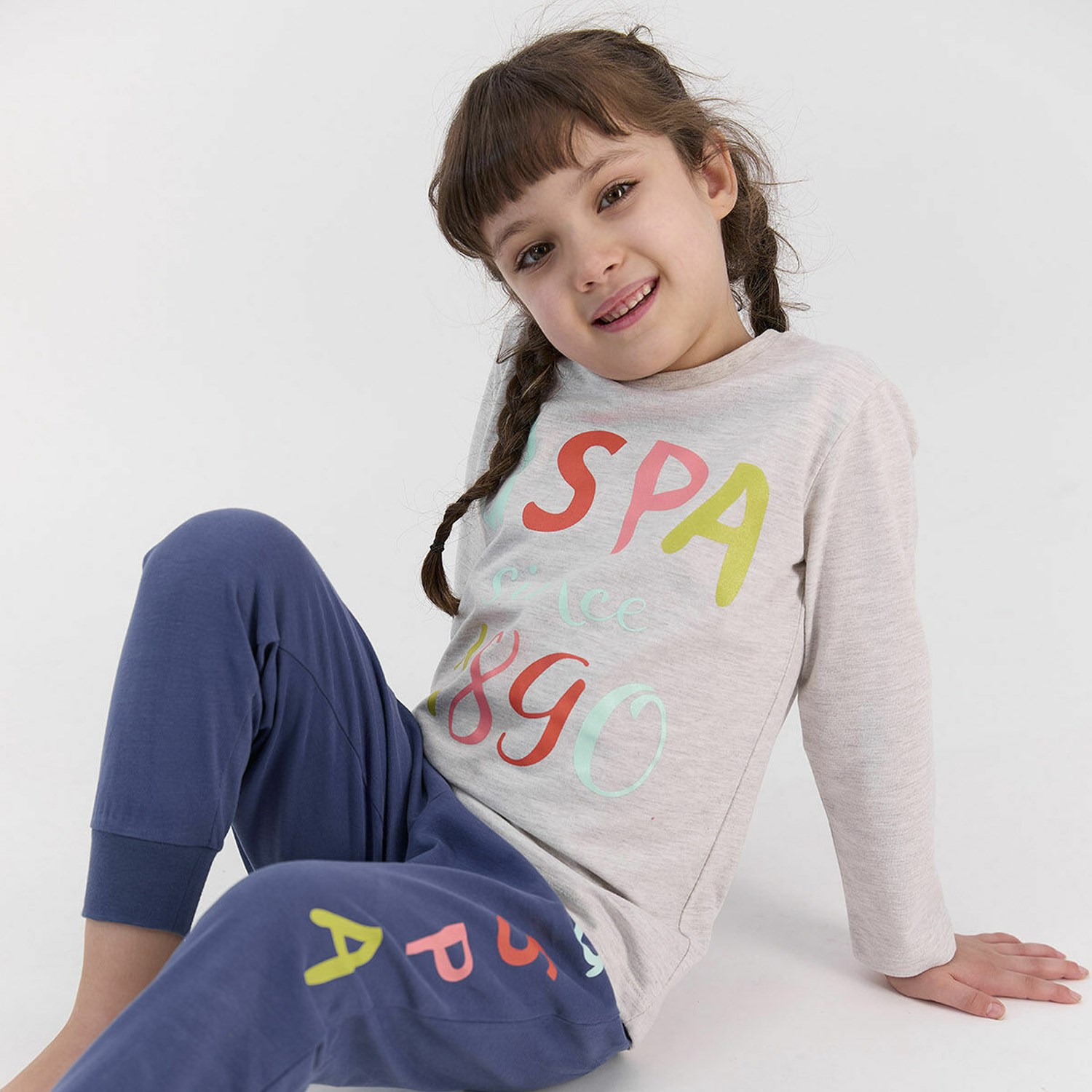 U.S. Polo Assn Kız Çocuk Pijama Takımı US965-4 Bej Melanj