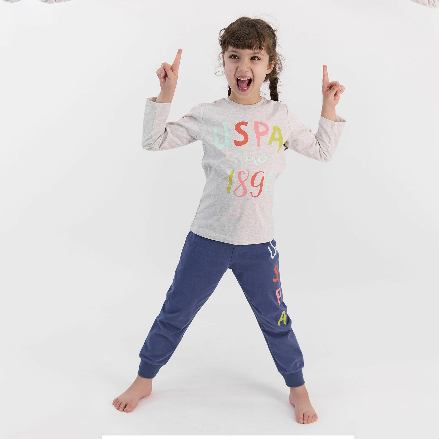 U.S. Polo Assn Kız Çocuk Pijama Takımı US965-4 Bej Melanj