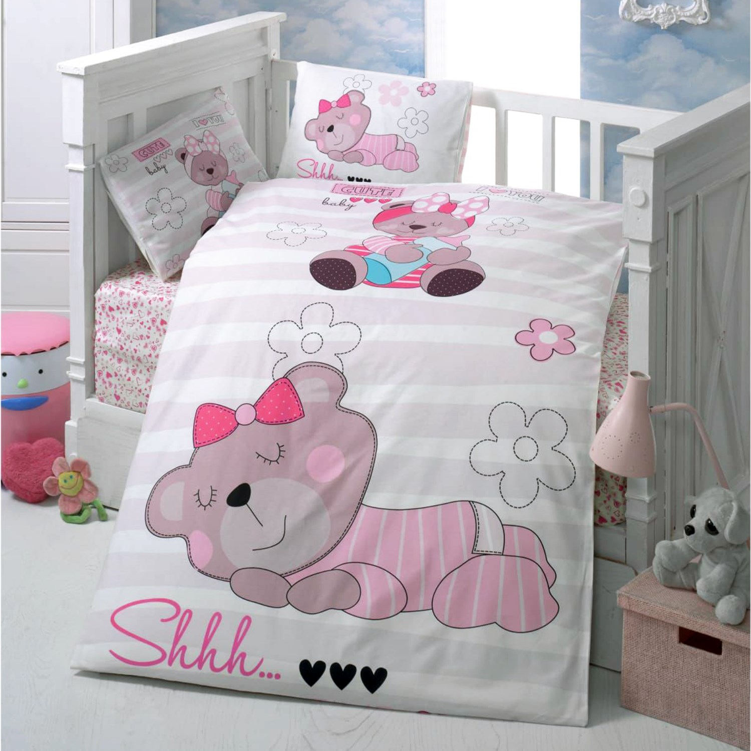 Mixi Baby Sleep Time Nevresim Takımı 100x150 cm Beyaz-Pembe