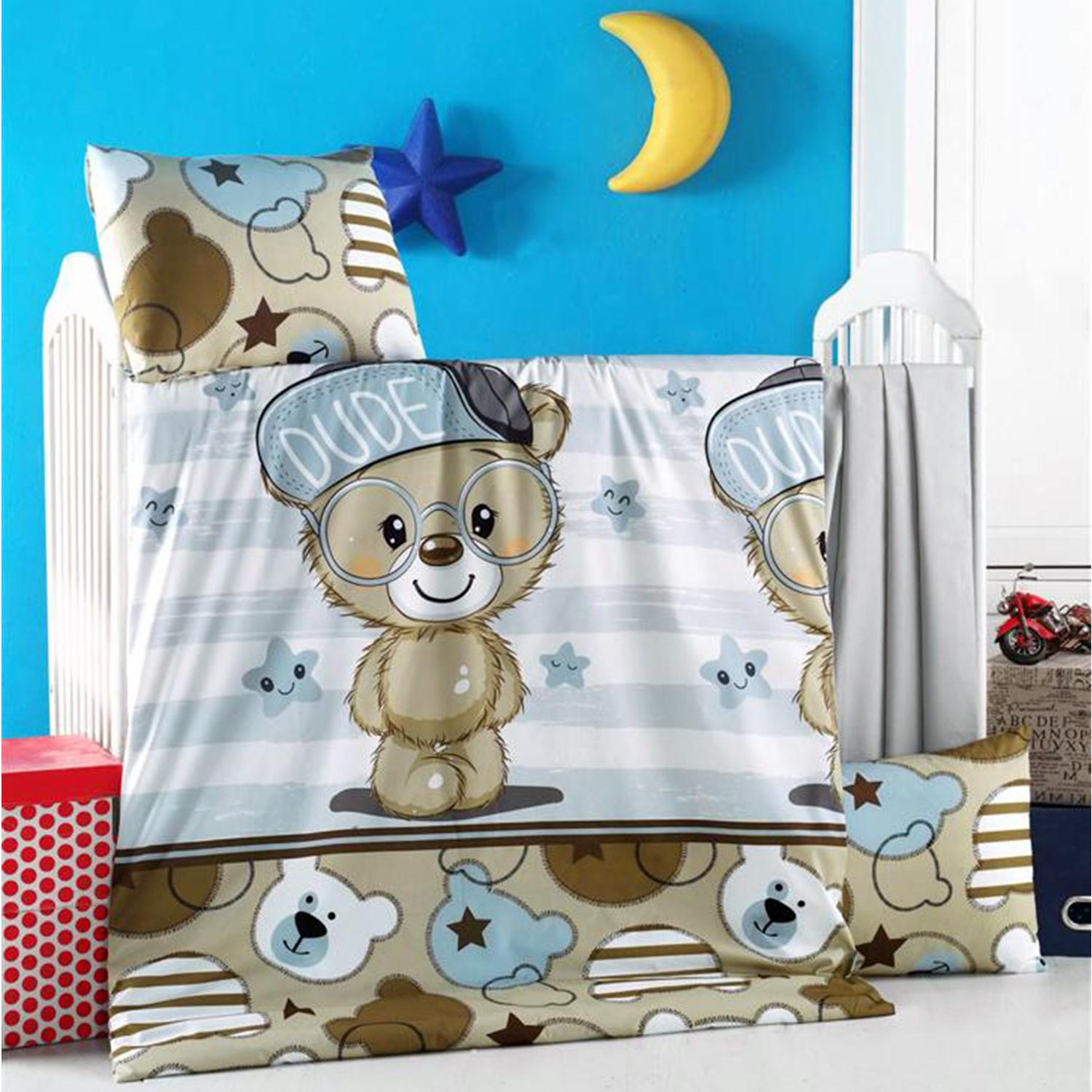 Mixi Baby Bear Nevresim Takımı 100x150 cm Beyaz-Gri