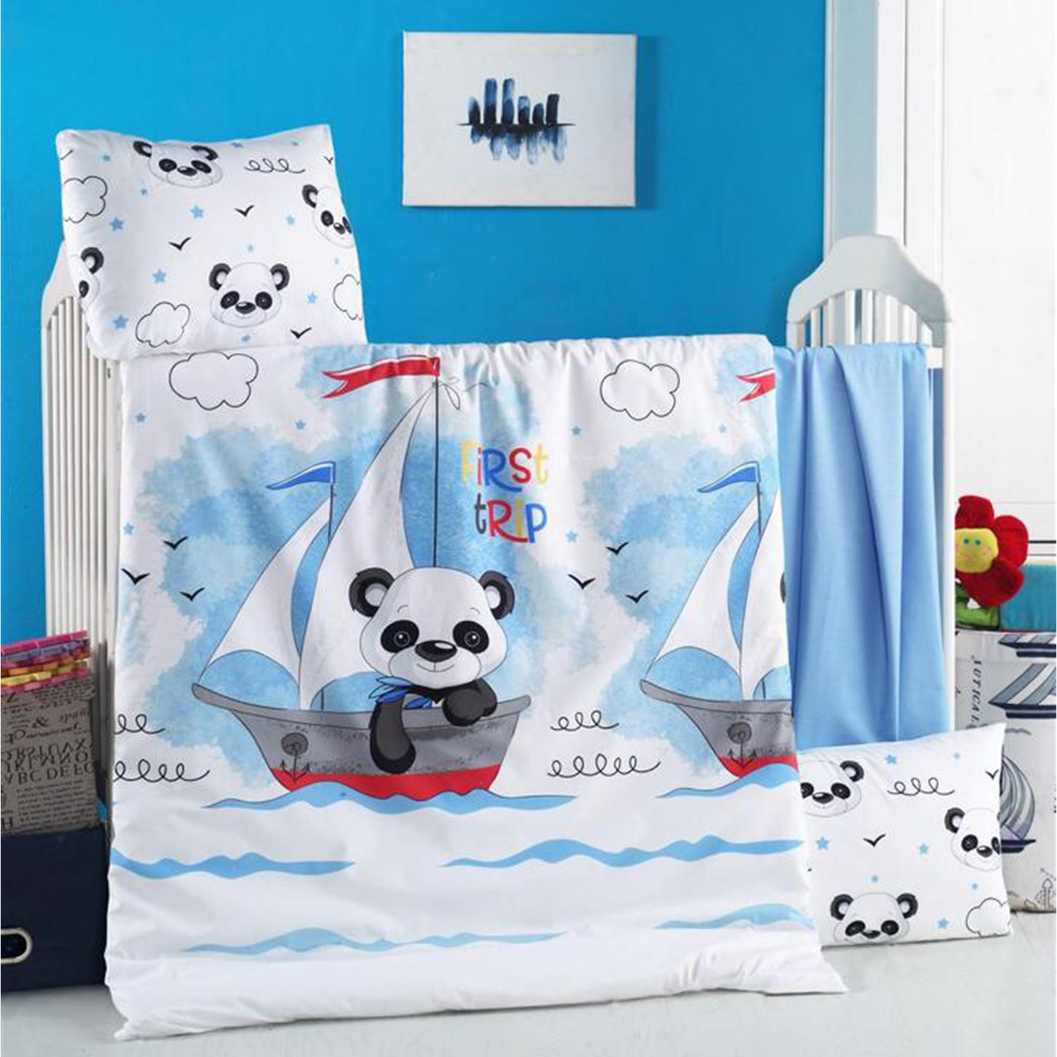 Mixi Baby Trip Nevresim Takımı 100x150 cm Beyaz-Mavi