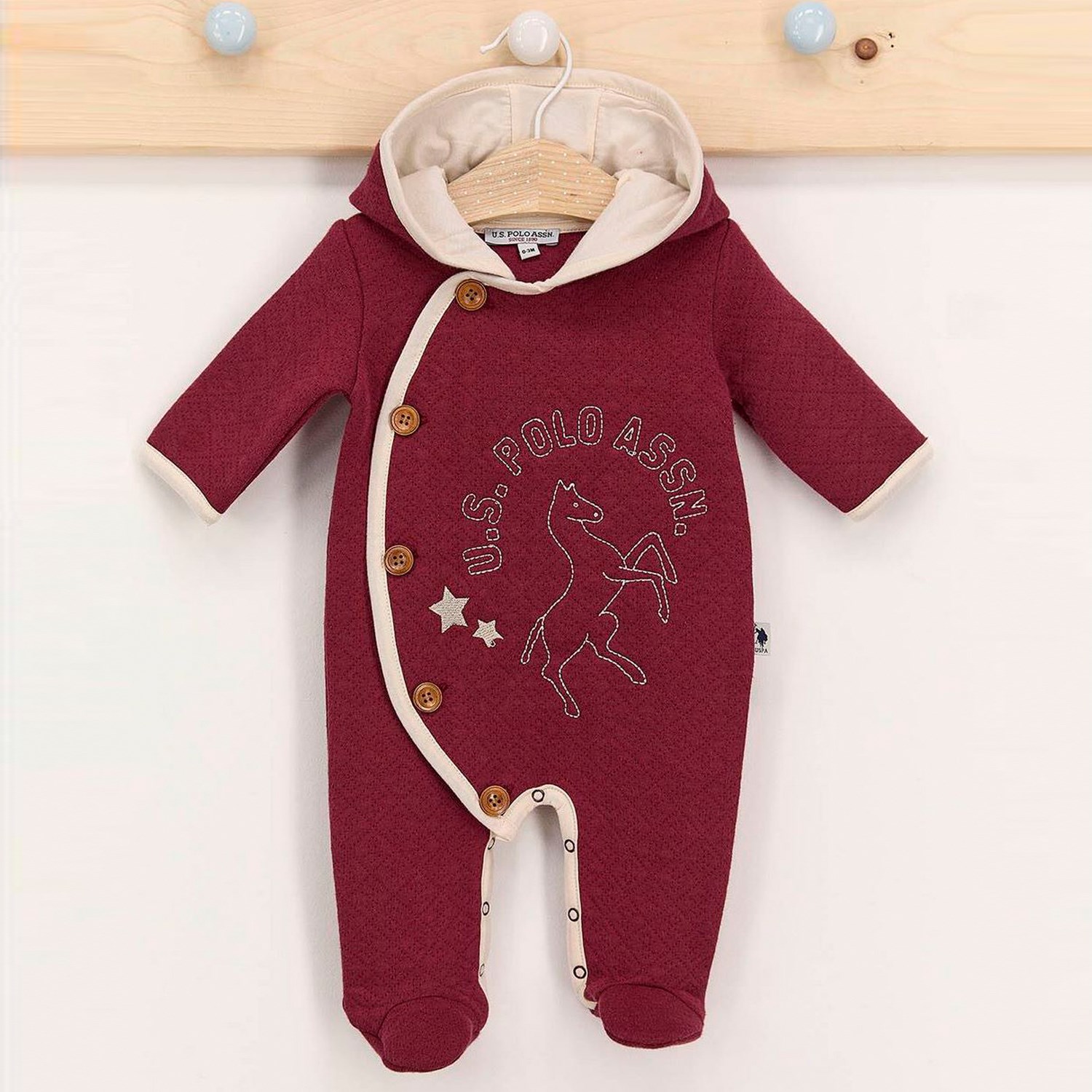 U.S. Polo Assn Kapşolu Patikli Bebek Tulumu USB525 Bordo
