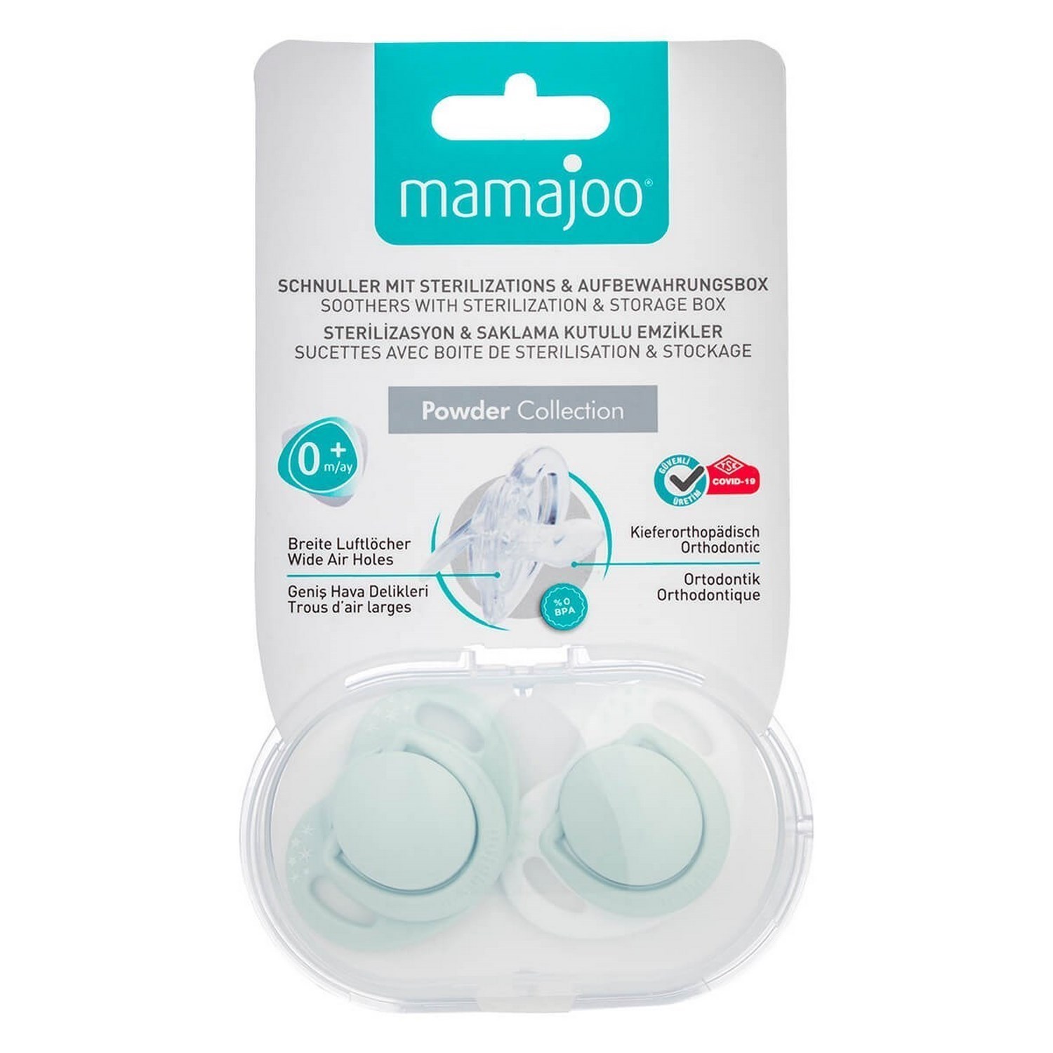 Mamajoo Saklama Kutulu Ortodontik Emzik 0 Ay + Powder Green