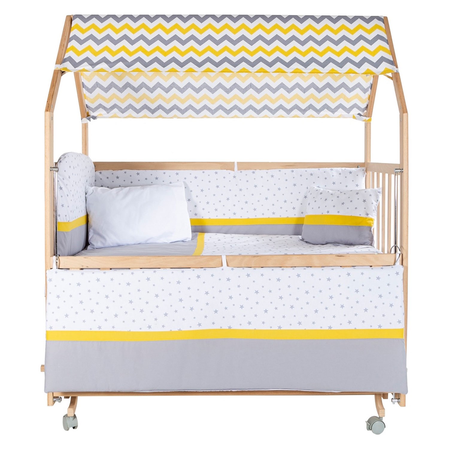 Baby Tech Montesorri Ahşap Anne Yanı Beşik Tekerlekli 60x120 Sarı