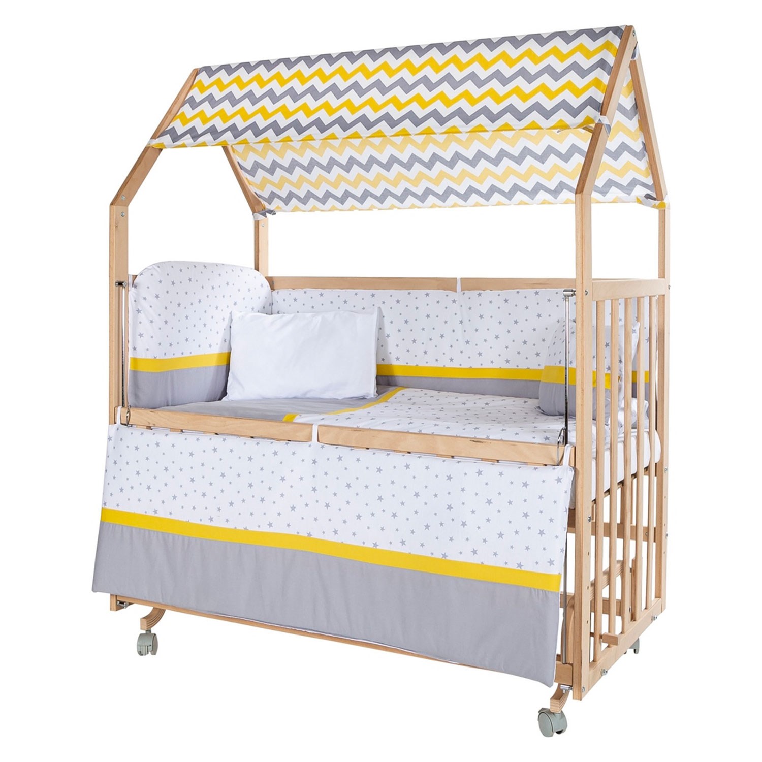 Baby Tech Montesorri Ahşap Anne Yanı Beşik Tekerlekli 60x120 Sarı