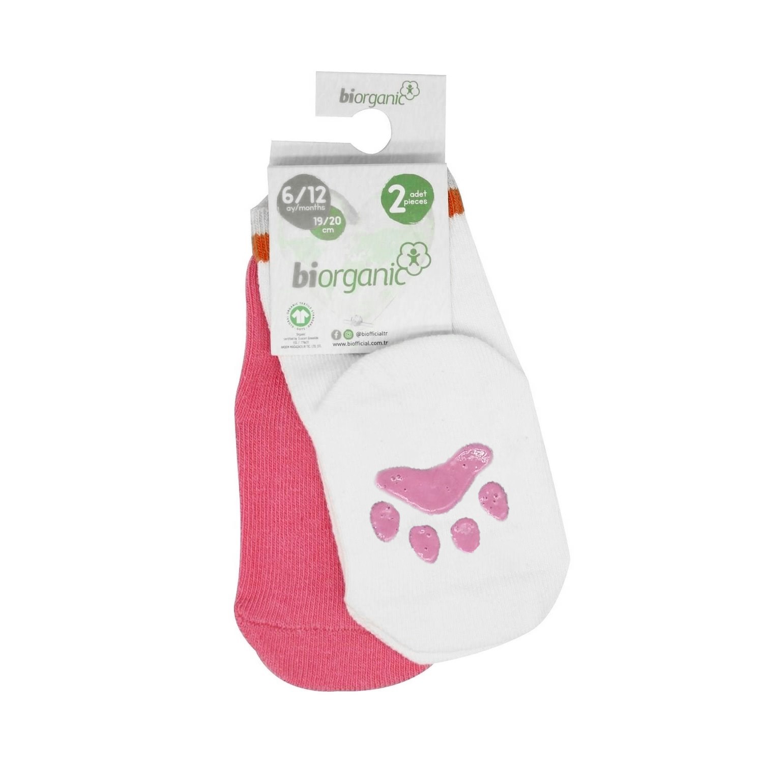 Biorganic Paw 2'li Kaymaz Bebek Çorap 68393 Fuşya-Ekru