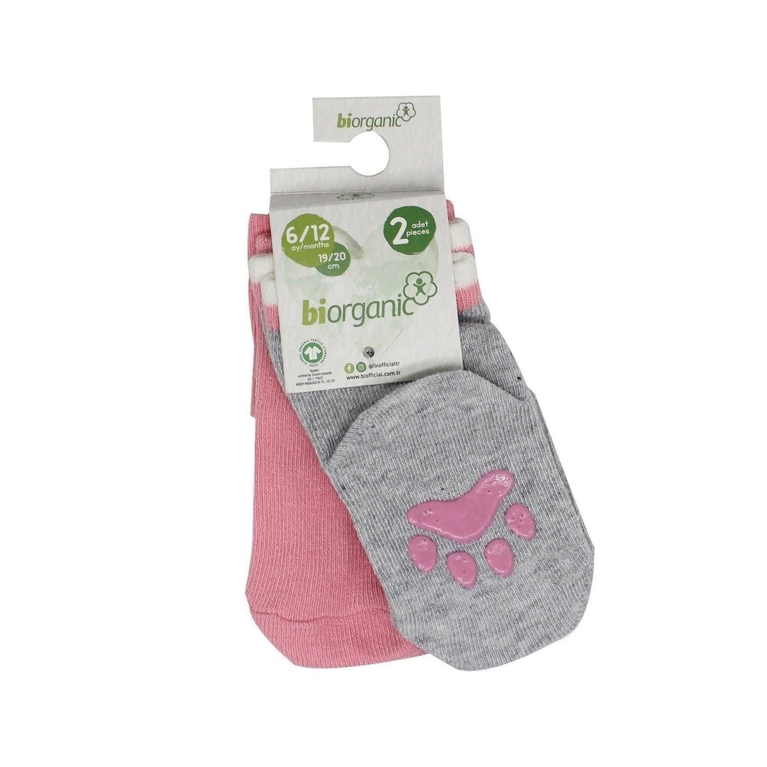 Biorganic Paw 2'li Kaymaz Bebek Çorap 68393 Pembe-Gri