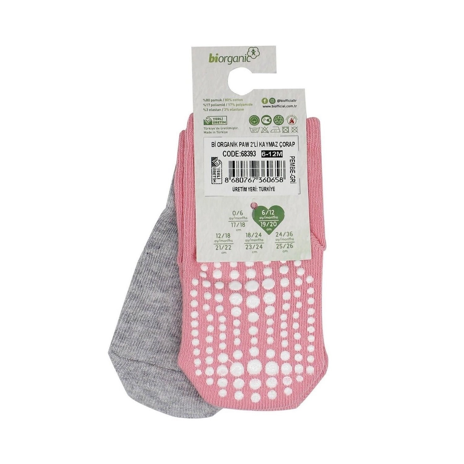 Biorganic Paw 2'li Kaymaz Bebek Çorap 68393 Pembe-Gri