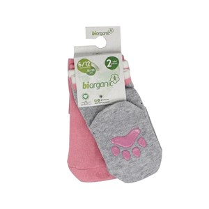 Biorganic Paw 2'li Kaymaz Bebek Çorap 68393 Pembe-Gri