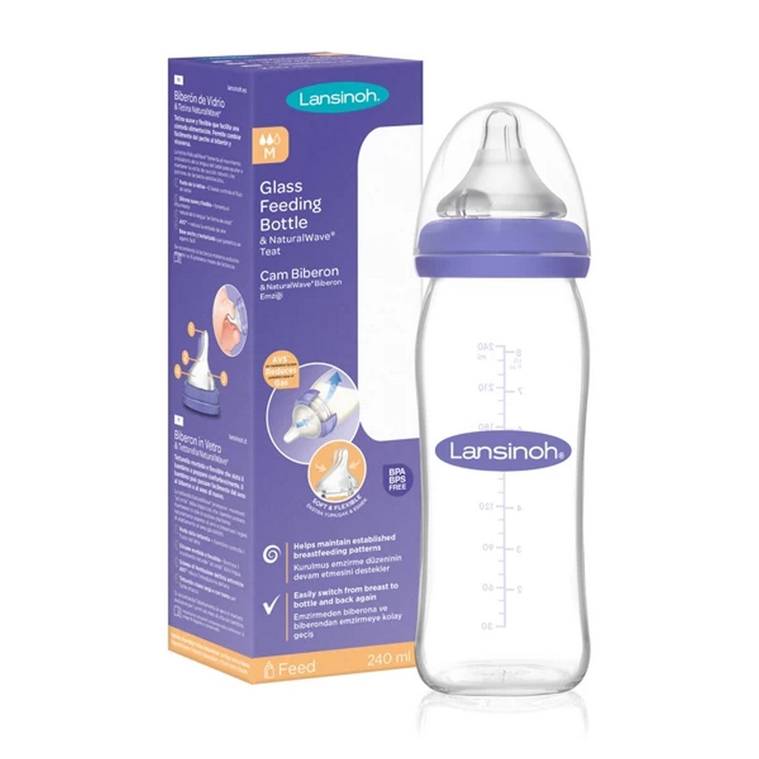 Lansinoh Cam Biberon & NaturalWave Biberon Emziği 240 Ml 