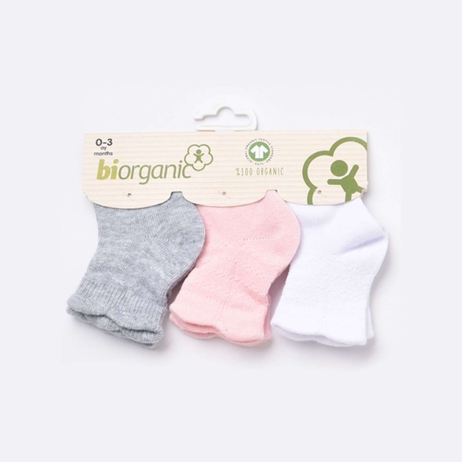 Biorganic Desenli Basic 3'lü Bebek Çorabı 68344 Beyaz-Pembe