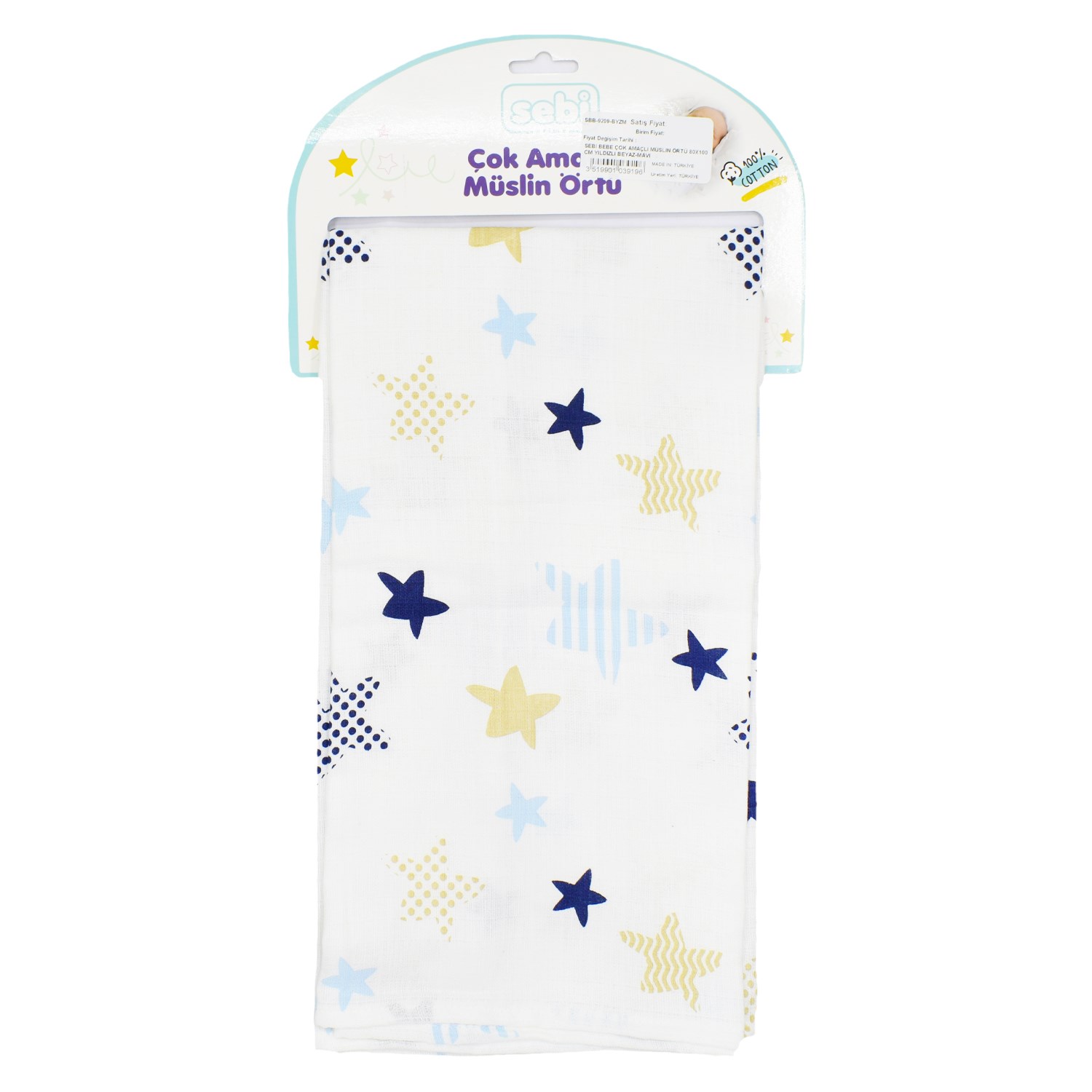 Sebi Bebe Çok Amaçlı Müslin Örtü 80x100 Cm Beyaz-Mavi