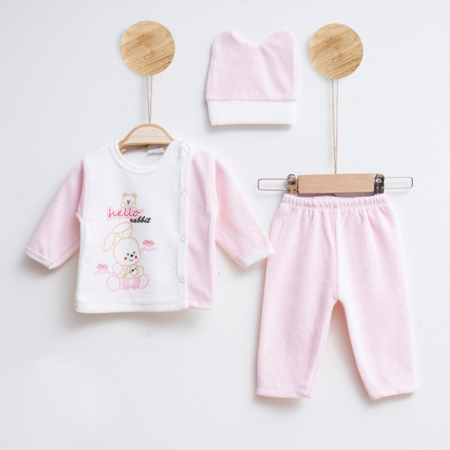Melish Bebe Kadife 3lü Bebek Takımı 3594R Krem-Pembe