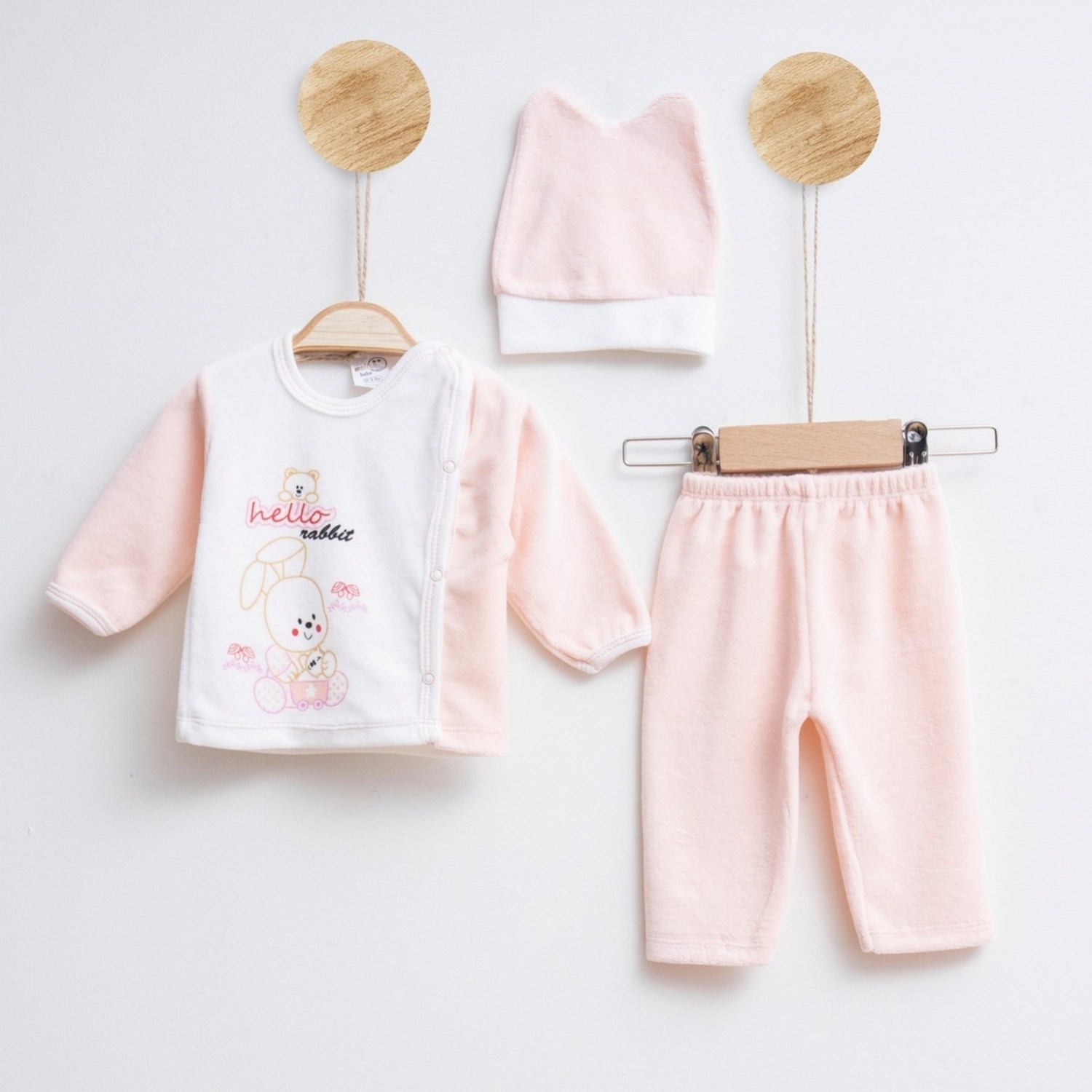 Melish Bebe Kadife 3lü Bebek Takımı 3594R Krem-Somon