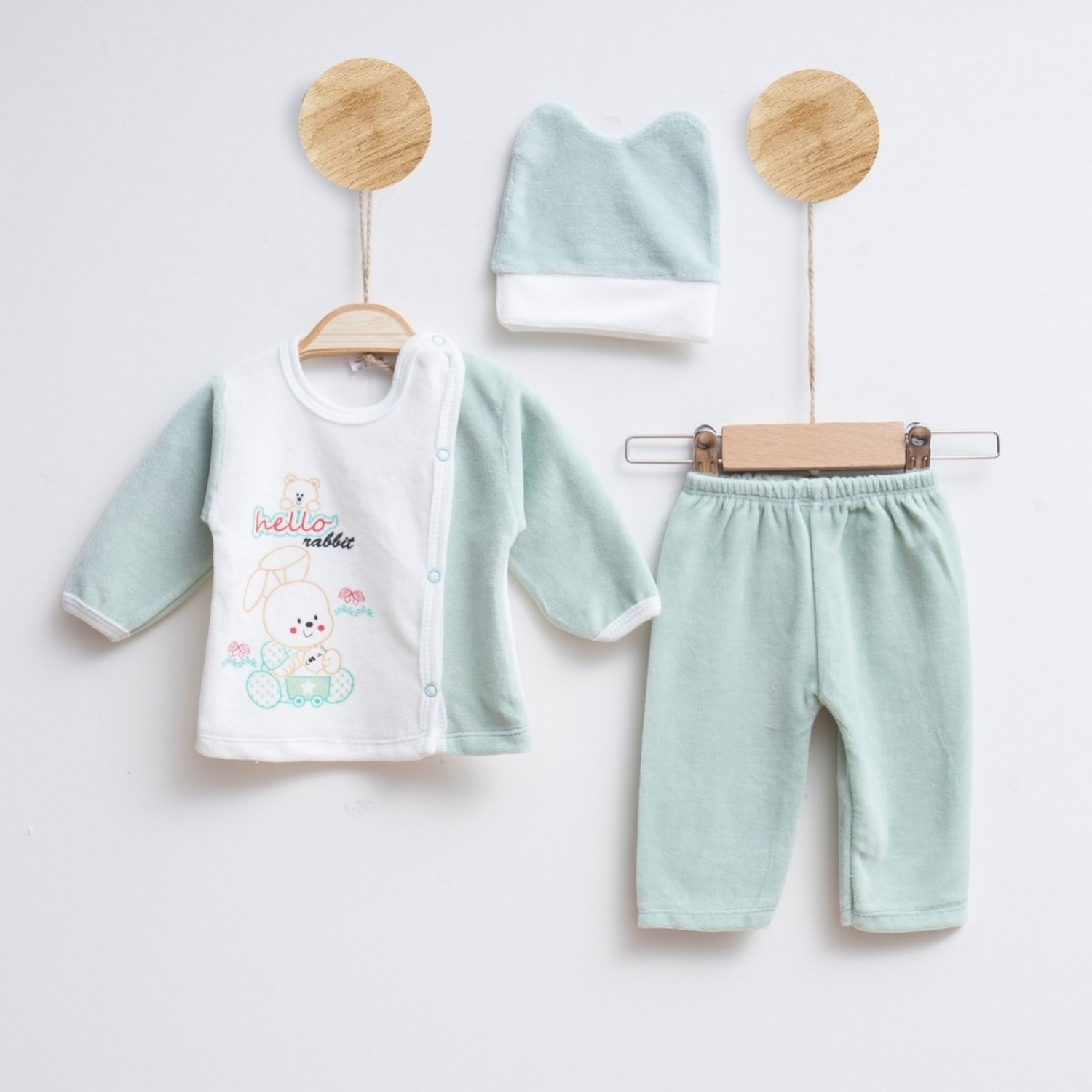 Melish Bebe Kadife 3lü Bebek Takımı 3594R Krem-Yeşil