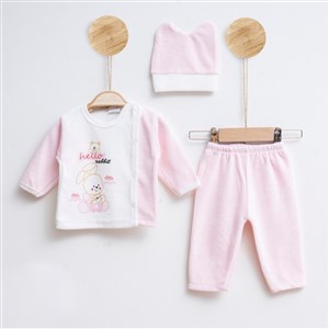 Melish Bebe Kadife 3lü Bebek Takımı 3594R Krem-Pembe