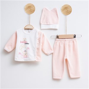 Melish Bebe Kadife 3lü Bebek Takımı 3594R Krem-Somon