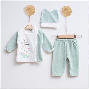 Melish Bebe Kadife 3lü Bebek Takımı 3594R Krem-Yeşil