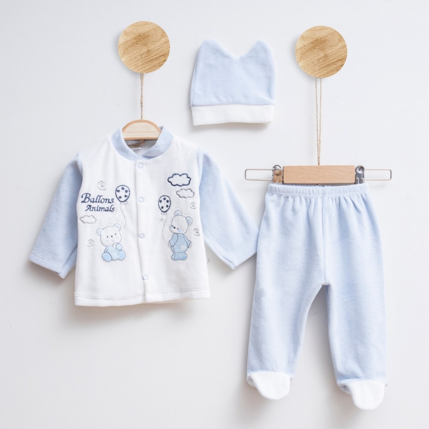Melish Bebe Ayı 3'lü Bebek Takımı 3582R Krem-Mavi