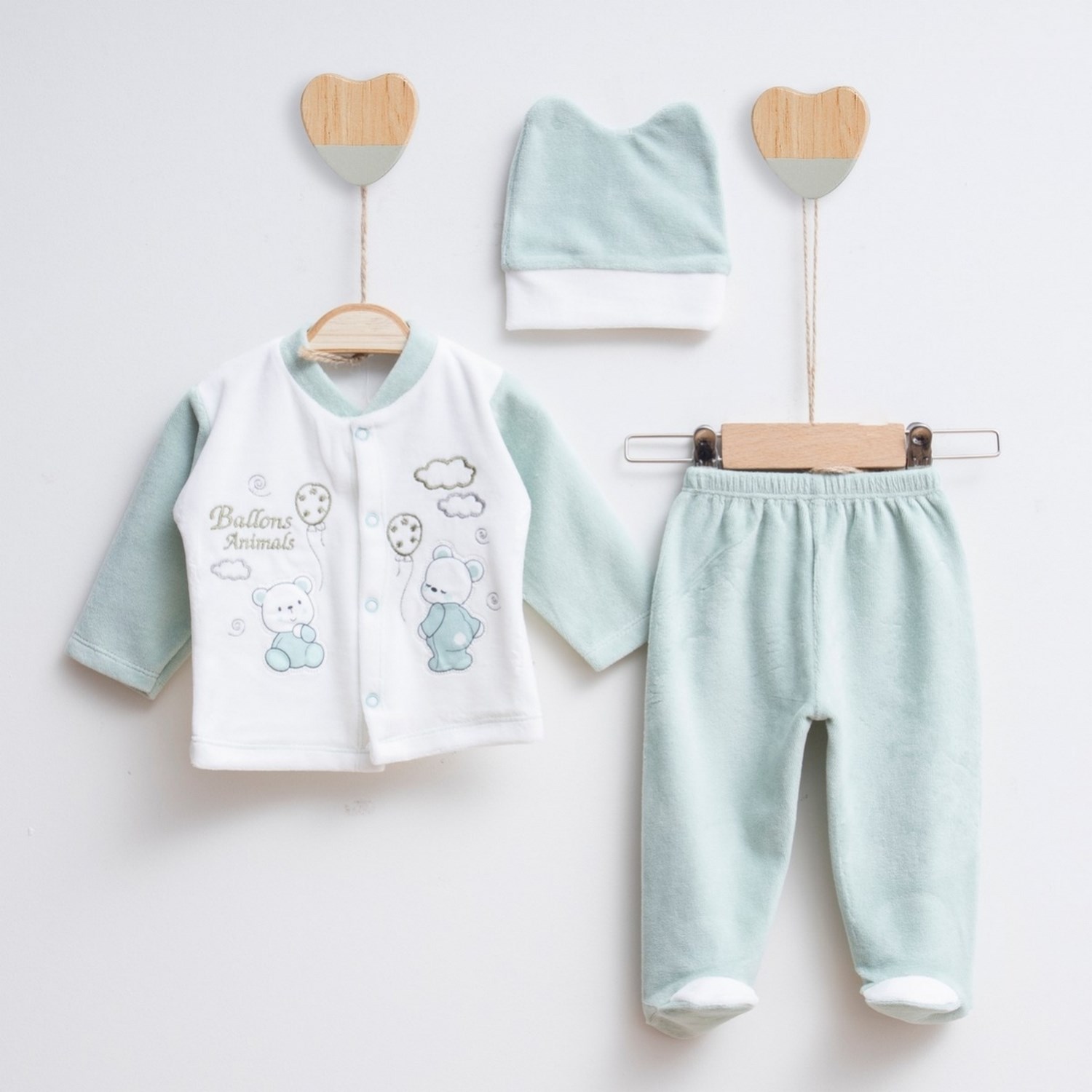 Melish Bebe Ayı 3'lü Bebek Takımı 3582R Krem-Yeşil