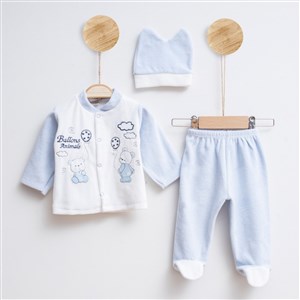 Melish Bebe Ayı 3'lü Bebek Takımı 3582R Krem-Mavi