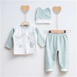 Melish Bebe Ayı 3'lü Bebek Takımı 3582R Krem-Yeşil