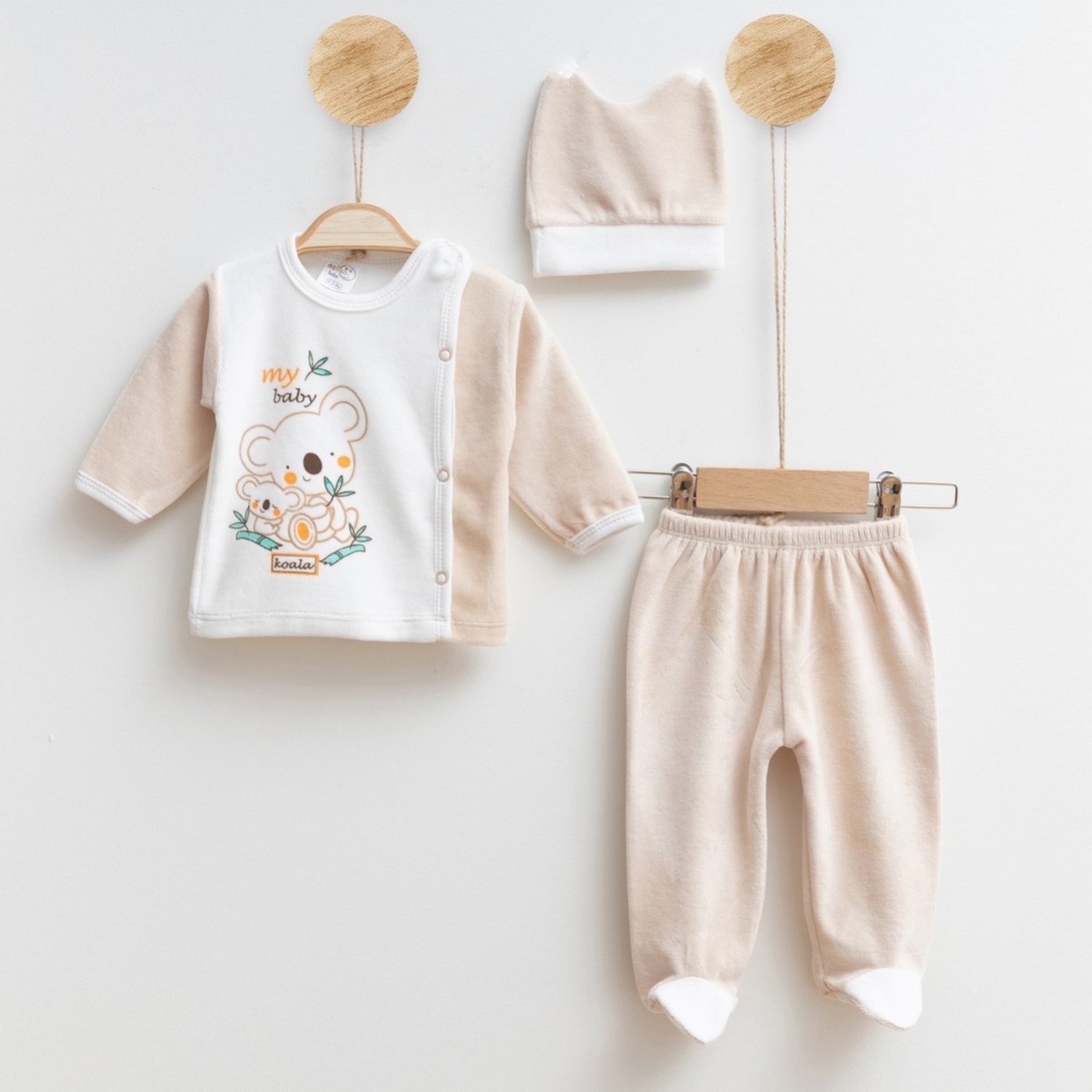 Melish Bebe Koala Kadife 3lü Bebek Takımı 3590R Krem-Kahverengi